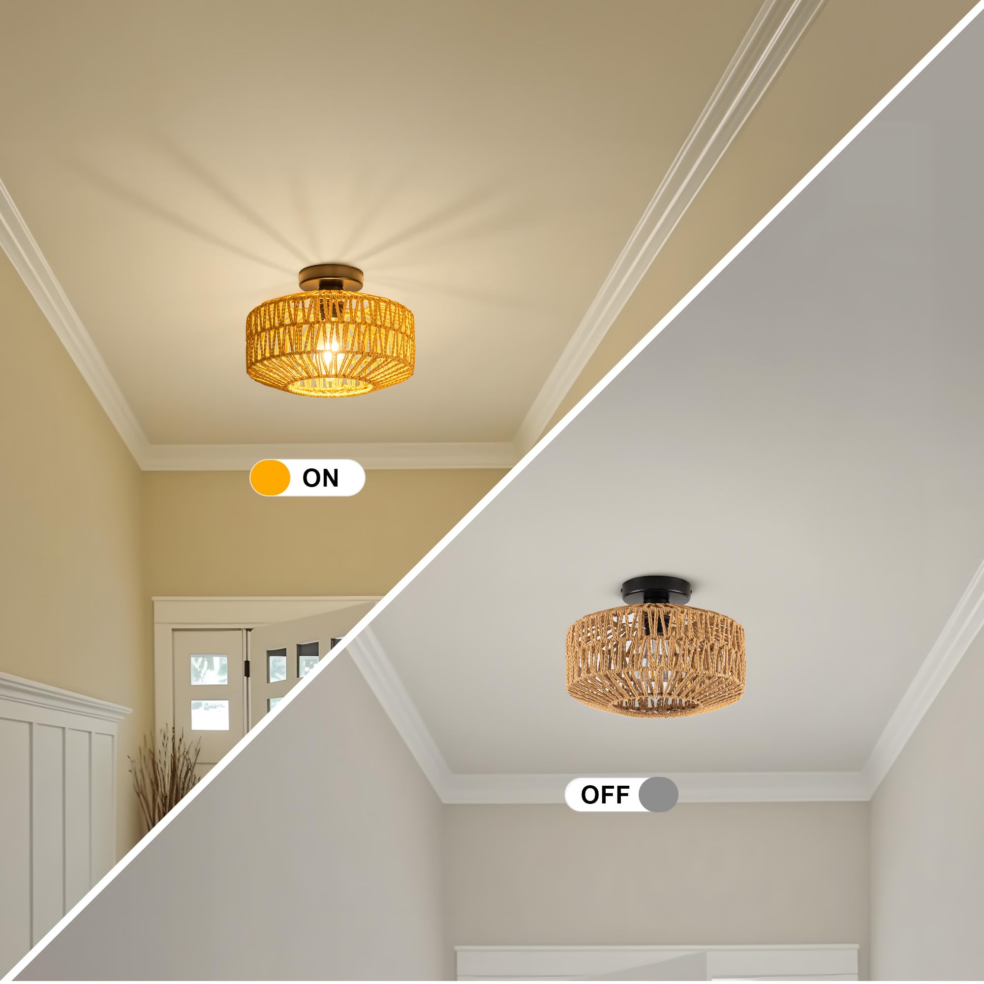 Mayna 3-Light Boho Light Fixtures Ceiling Mount, Hand-Woven Chandelier Light Fixture,Farmhouse Rattan Flush Mount Ceiling Light