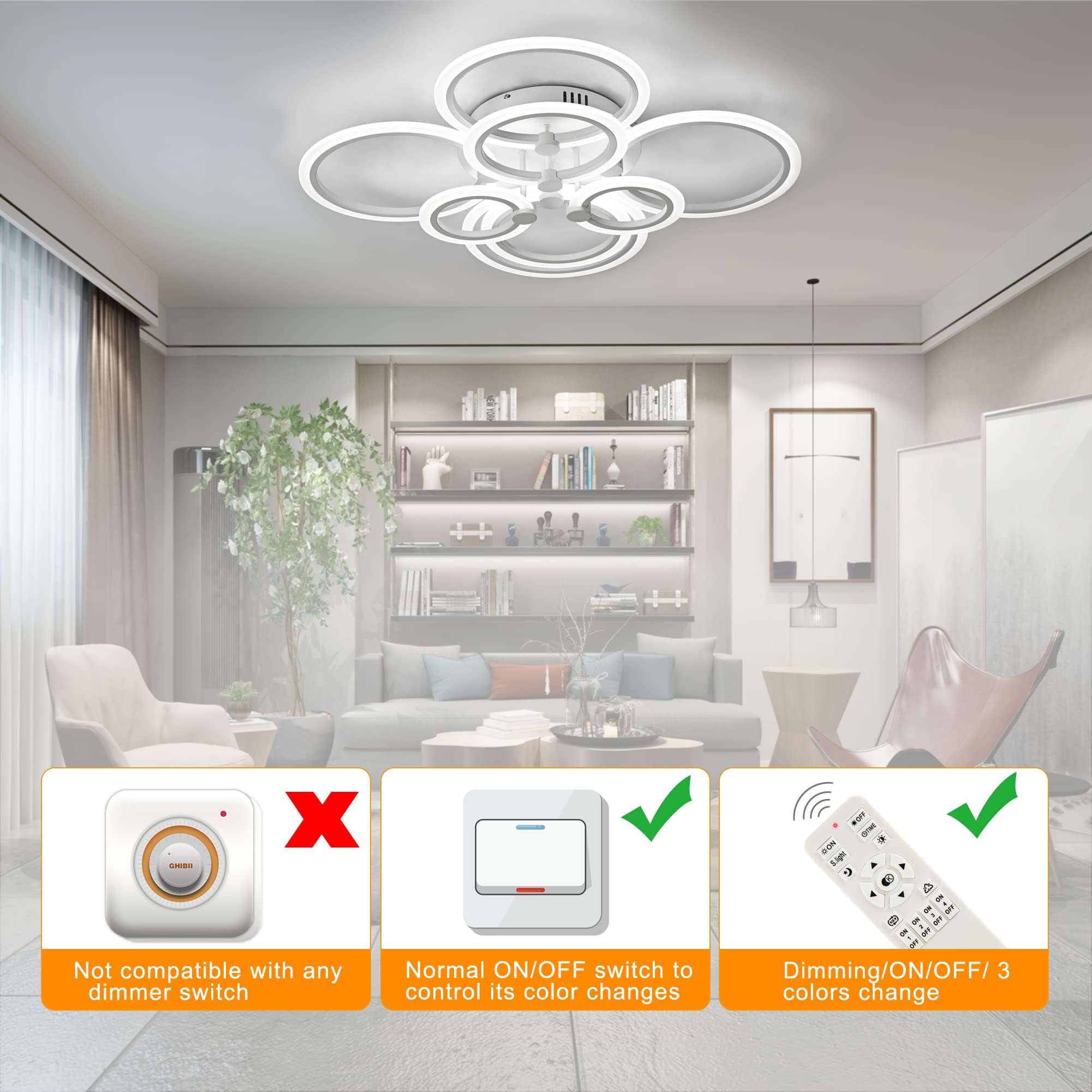 Sjv 8Rings Led Ceiling Light: Dimmable Modern Ceiling Lights Fixture 100W White Led Flush Mount Lighting Fixtures Chandeliers For Dining Living Room, Bedroom Kitchen 3000K~6500K Change With Remote
