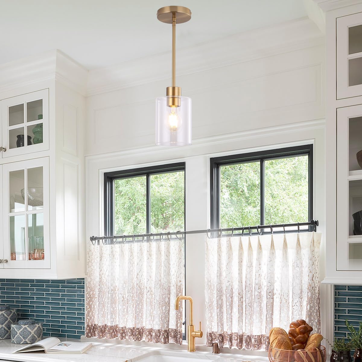 KLSS Brass Pendant Lights - Gold Clear Glass Fixture, 12" & 4" Rods, 3 Pack, Model xc011