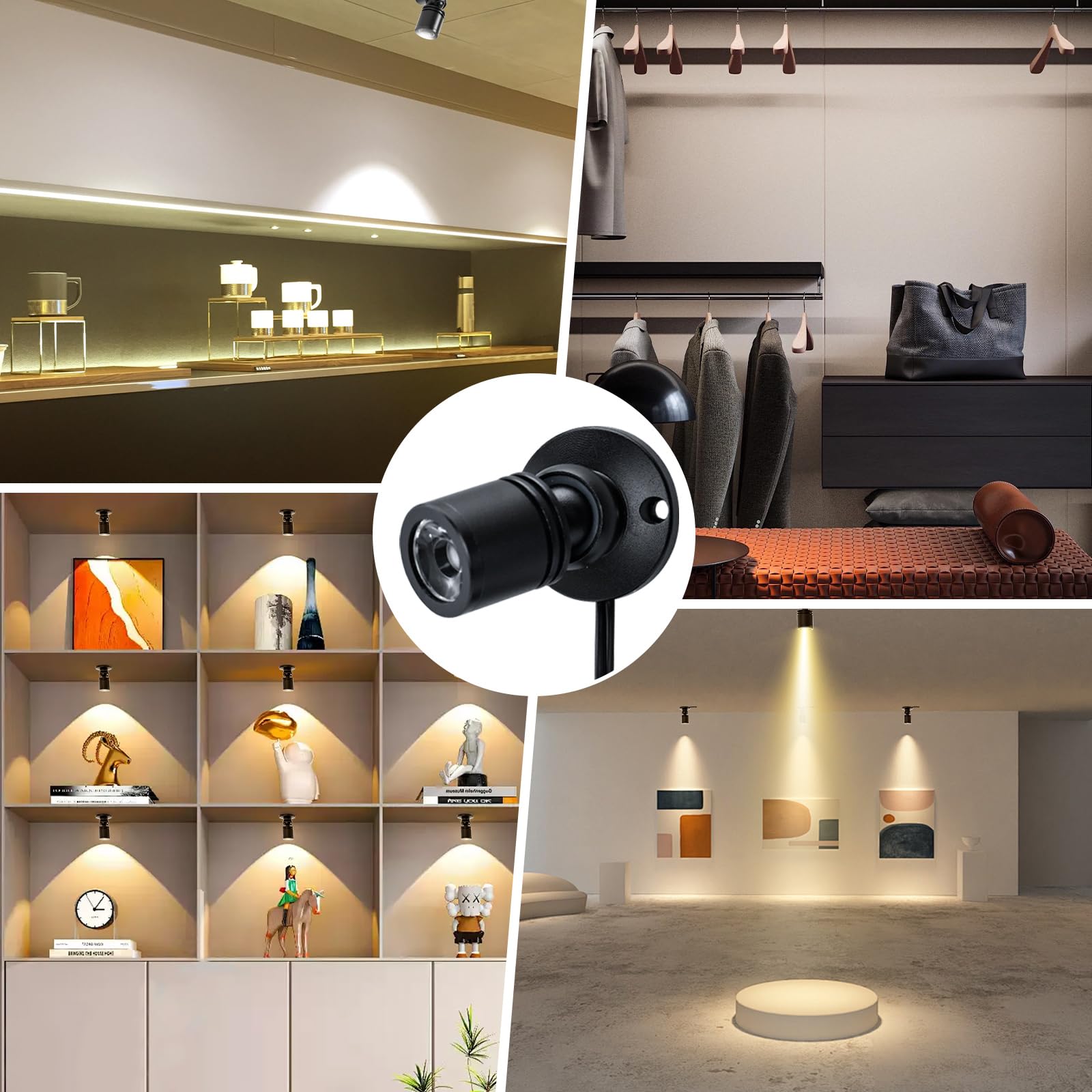 DEDC Mini LED Spot Lights, 6pcs Warm White 1W Under Cabinet Lighting with Dimmer, Aluminum, USB Plug, Pushbutton Switches