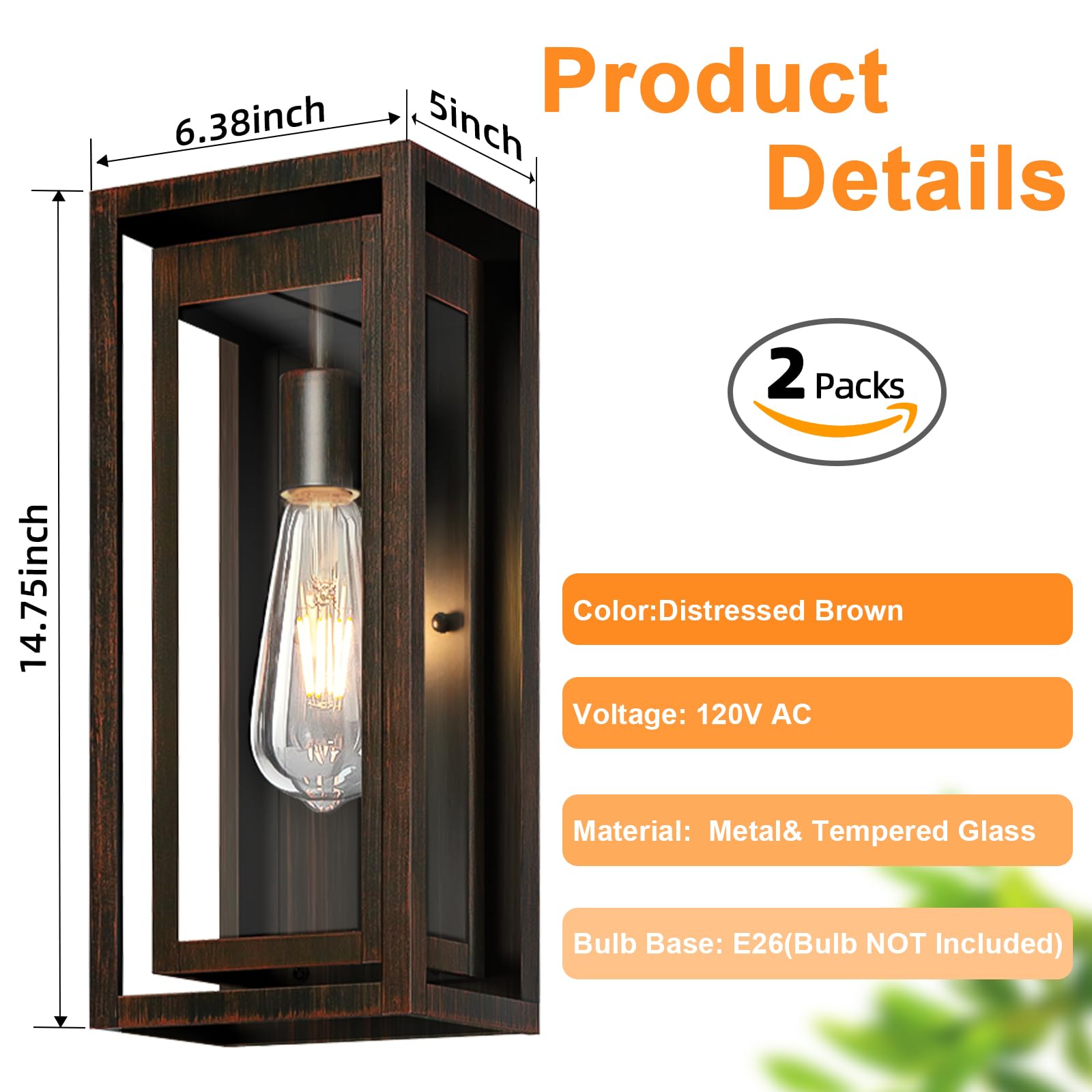 Slypadan 15" Outdoor Wall Mount Light Fixture - 2-Pack Distressed Brown Waterproof Sconce with Clear Glass Shade for Porch & Garage