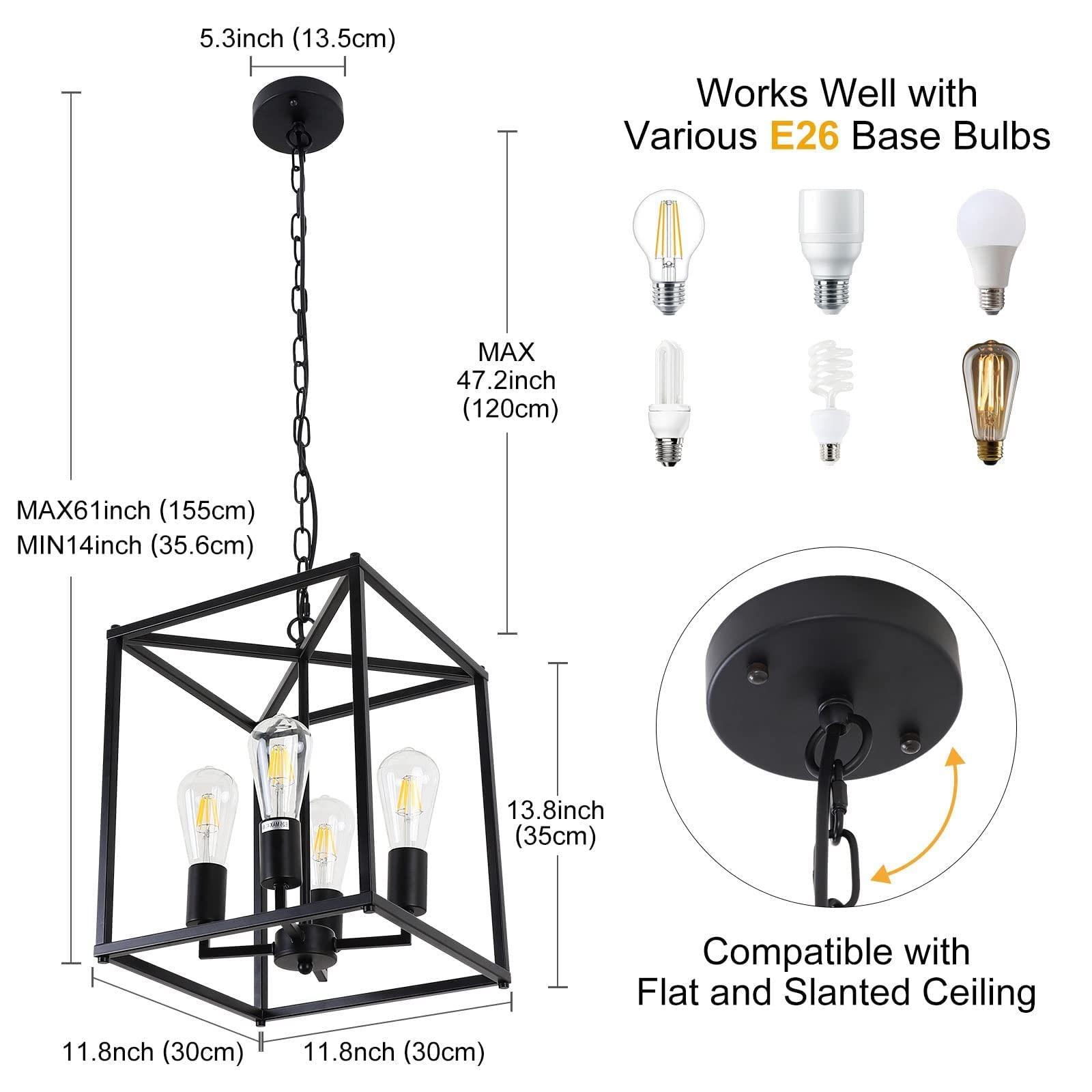 Qlxteltd 4-Light Black Farmhouse Chandelier Light Fixture Rustic Industrial Pendant Light Adjustable Metal Cage Hanging Lights F
