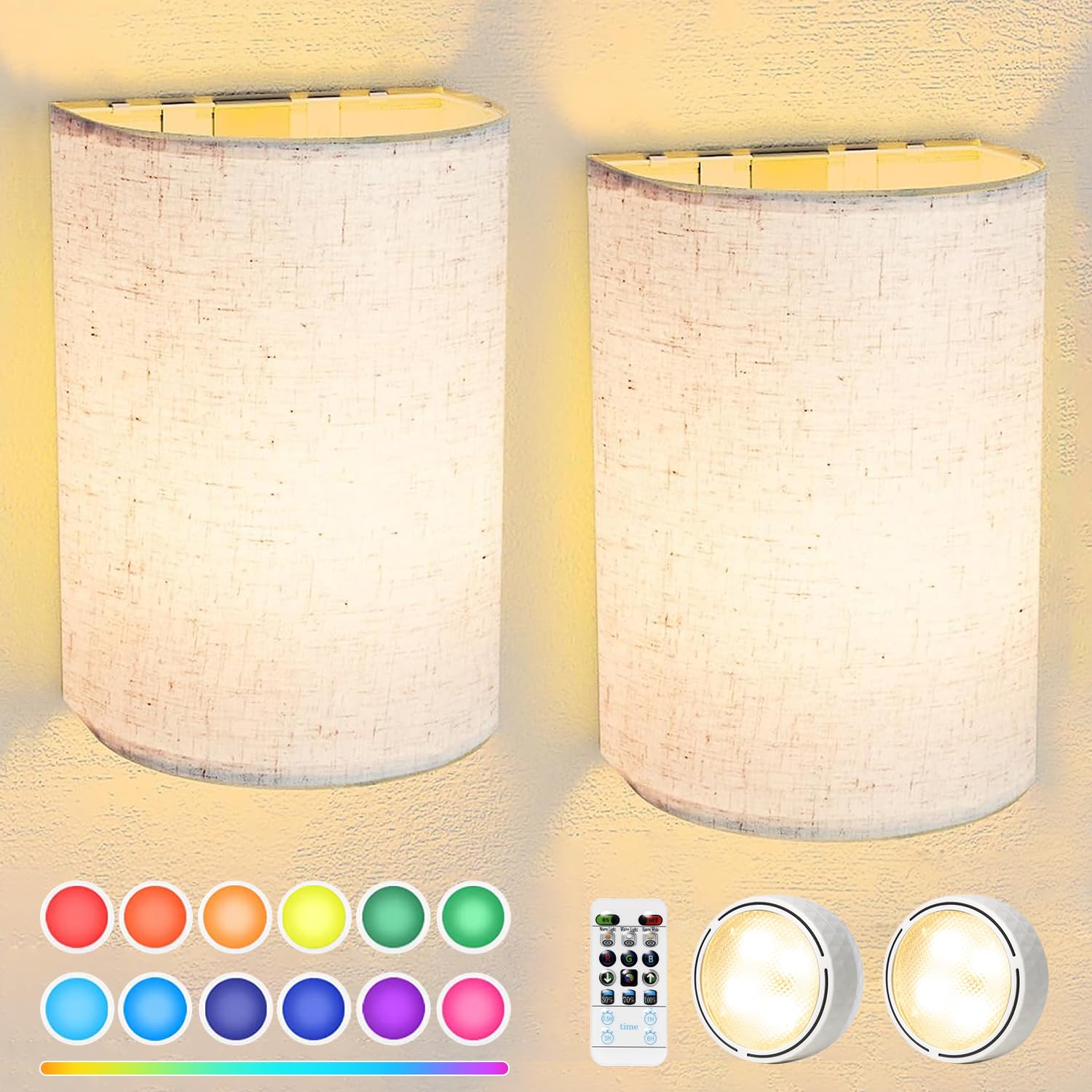 FINCMY Battery Operated Wall Sconces Set of Two, 18 RGB Colors, Remote Control, USB Charging, Beige, Metal, Model LED-000