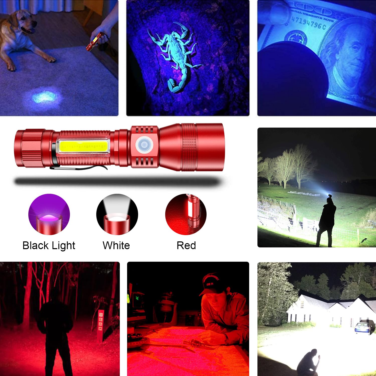 Spriak UV Flashlight Rechargeable 3-in-1 Tactical LED Torch, Zoomable, Waterproof, Red, Model Spriak-USB016-2PACKRED, 2 Pcs