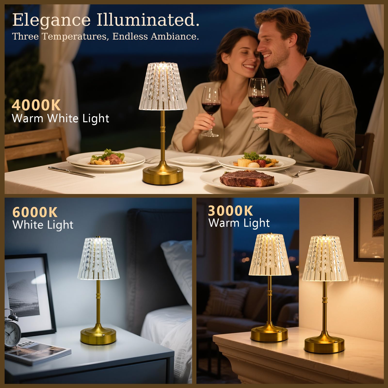 Gkeiten Touch Cordless Table Lamp Rechargeable  3600Mah Battery Operated Small Crystal Lamp  3 Color Dimmable Vintage Gold Table Light For Bedroom/Kitchen/Gift For Home D?Cor ((stylish Style)