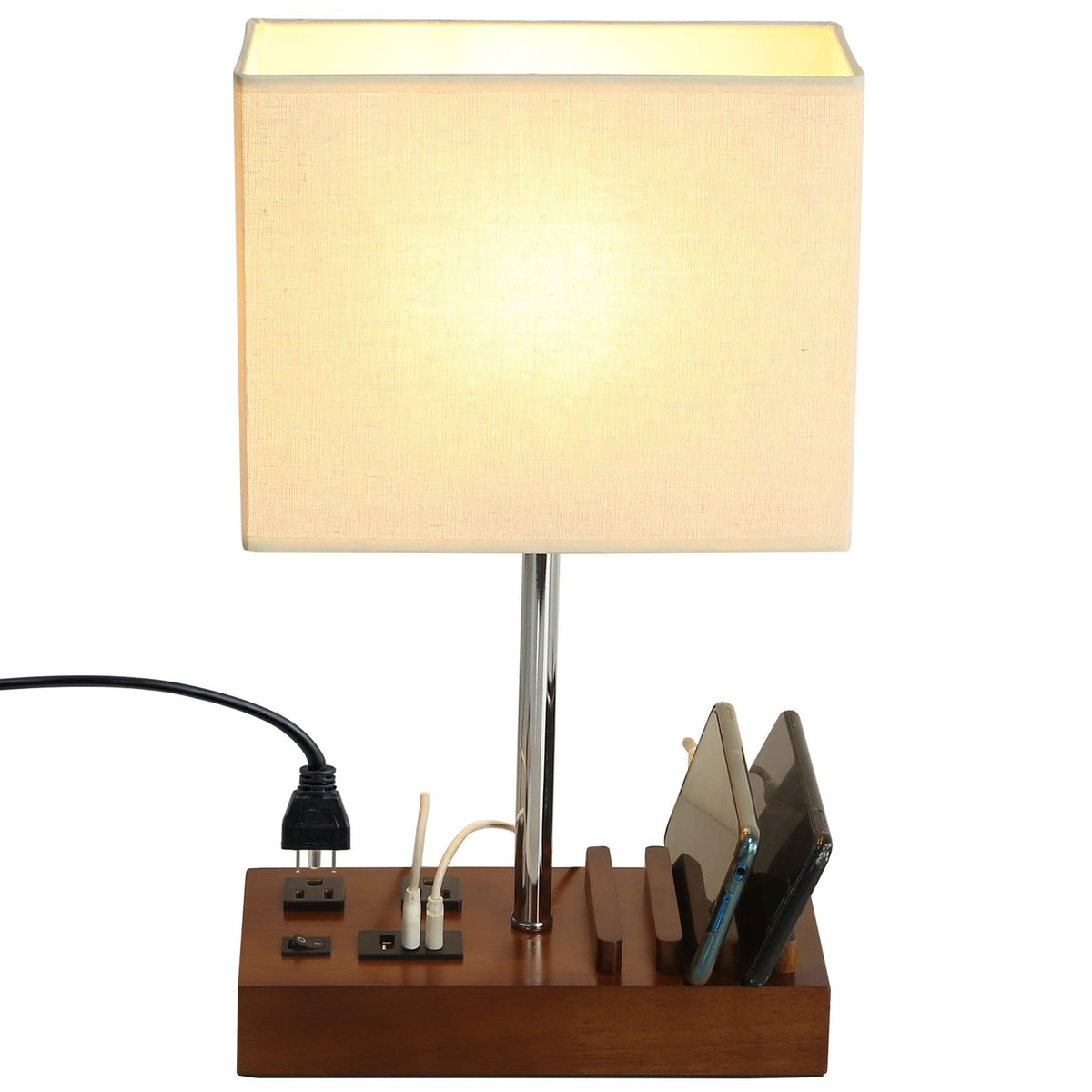 Briever Usb Table Lamp, Multi-Functional Bedside Desk Lamp With 2 Ac Outlets, 3 Usb Charging Ports And Wooden Phone Stands, Modern Nightstand Lamp For Bedroom, Guest Room, Office
