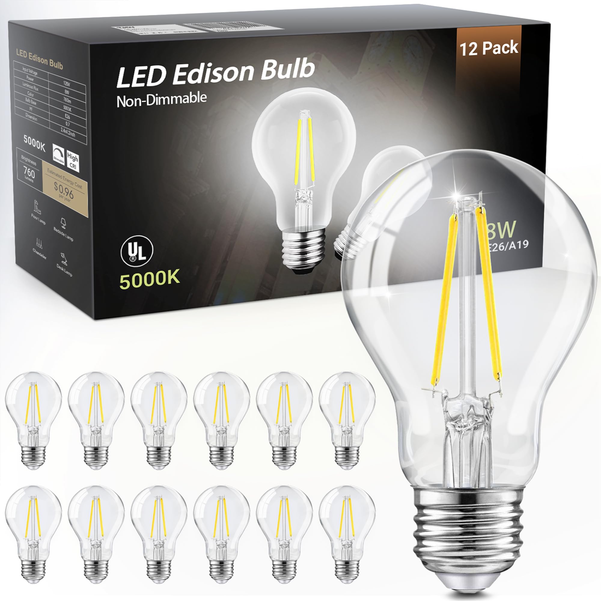Tjoy 12 Pack A19 Vintage Led Edison Bulbs, Non-Dimmable, 60W Equivalent, High Brightness 5000K Daylight White, 8W E26 Standard B