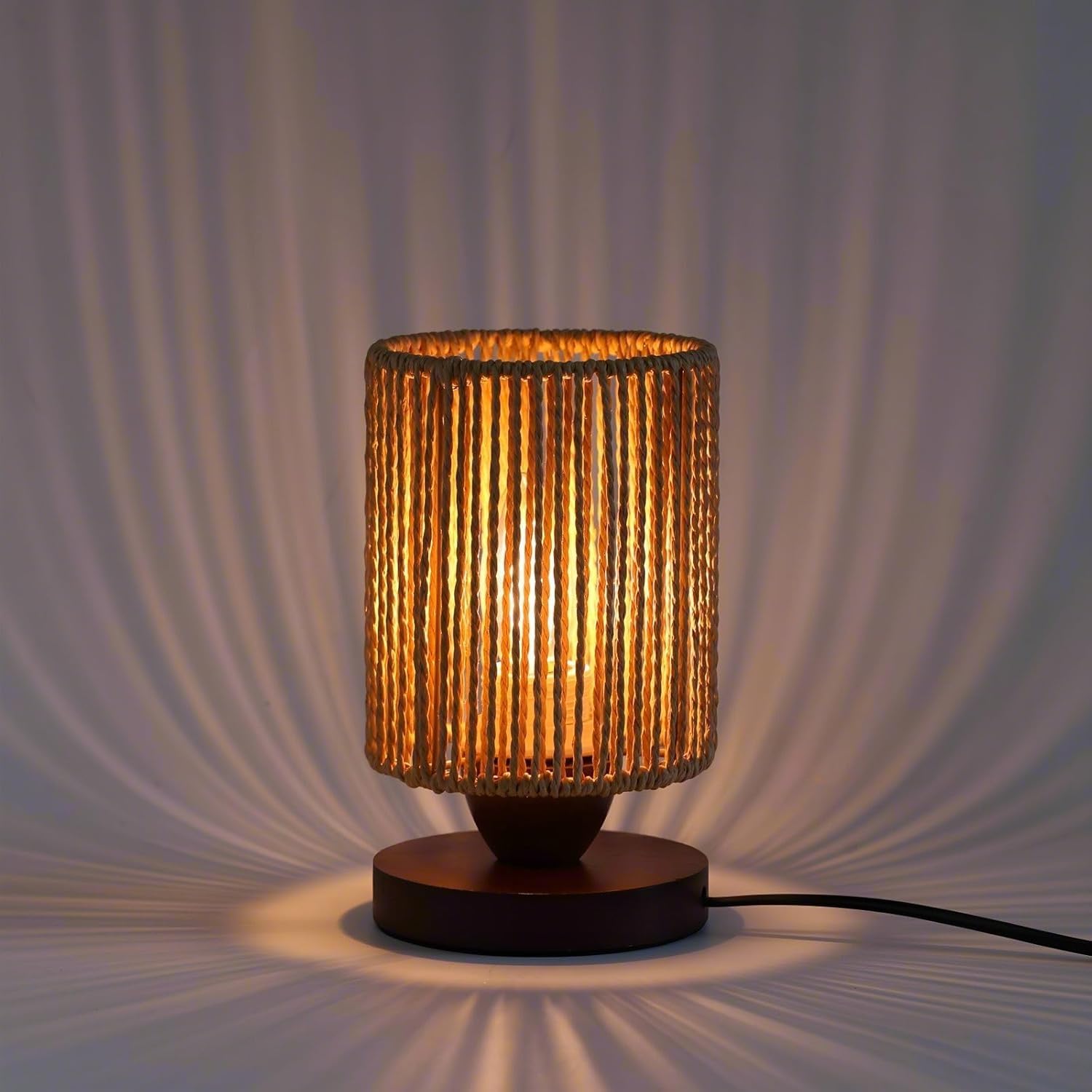 DKCONONY Small Rattan Table Lamp for Bedroom  Boho Bedside Lamp with Warm LED Bulb  Handwoven Wicker Nightstand Lamp for Nursery  Entryway & Dorm  Mini Ambient Night Light with Wood Base (8.6 Tall)