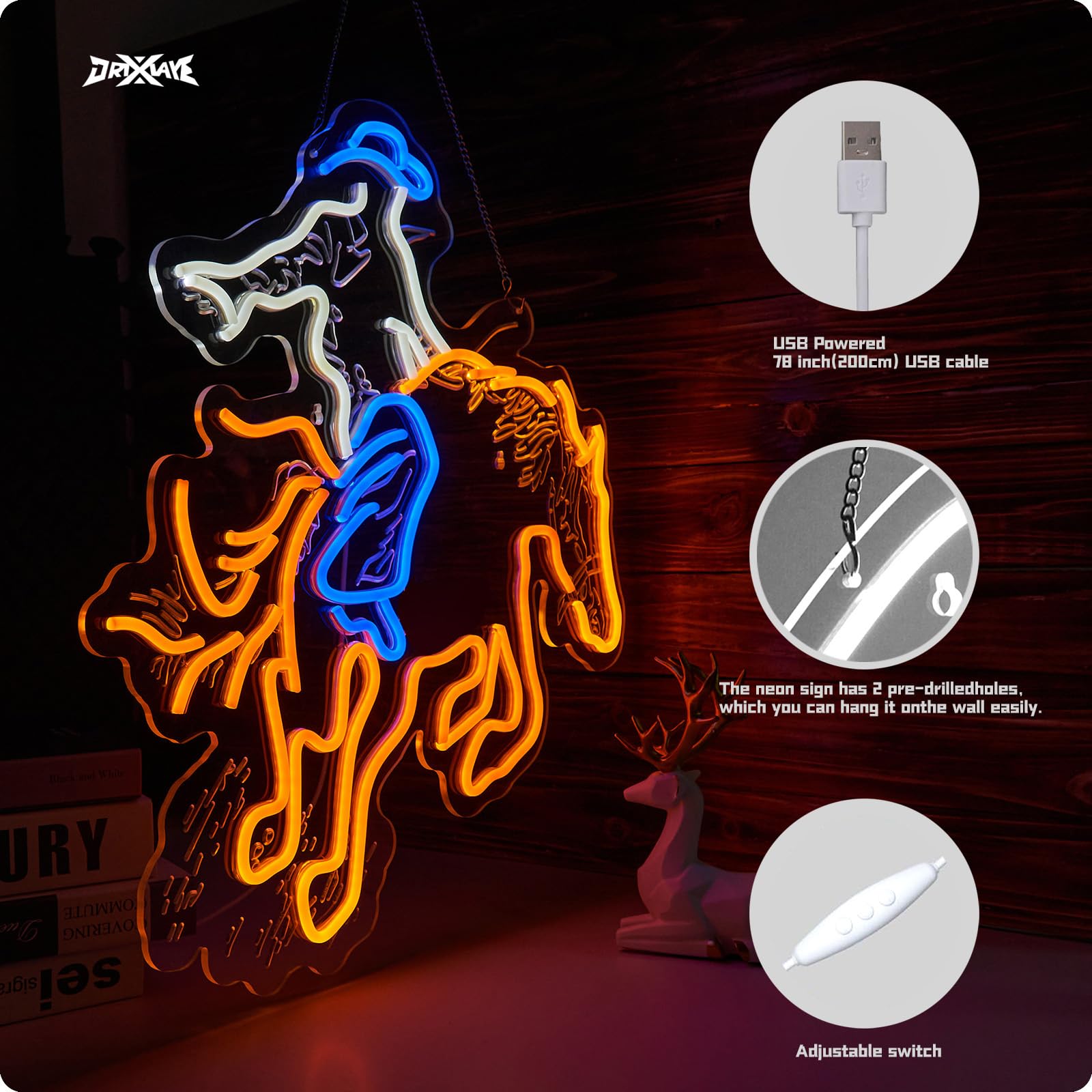 ORIXIAYE Cowboy Neon Sign for Wall Decor, 22.5x21.4 in, Acrylic, Blue + Yellow, Model ORIXIAYE-A, Teen Room, Home Art