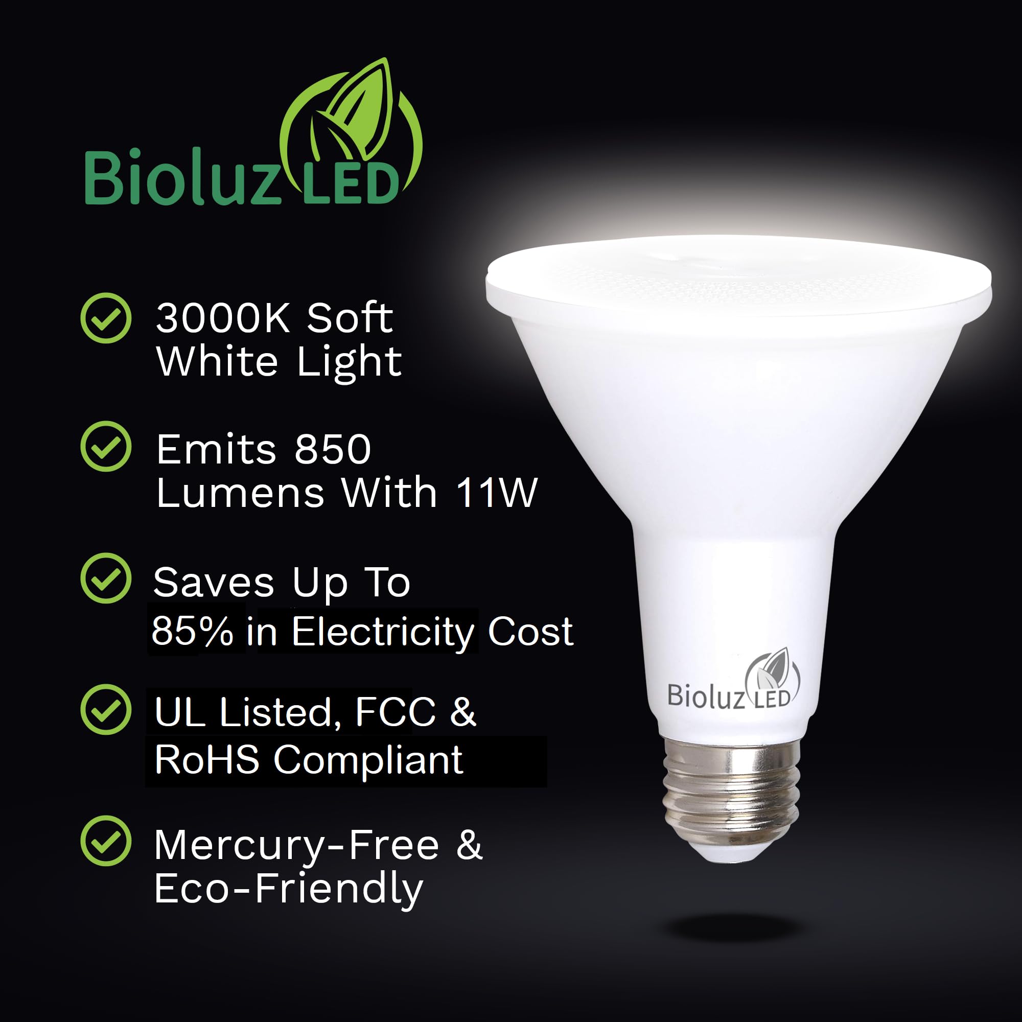 Bioluz Led 8 Pack Par30 Led Bulbs Flood Light Indoor/Outdoor High Cri 75W Equivalent Using 11W Dimmable 3000K Soft White 850 Lum