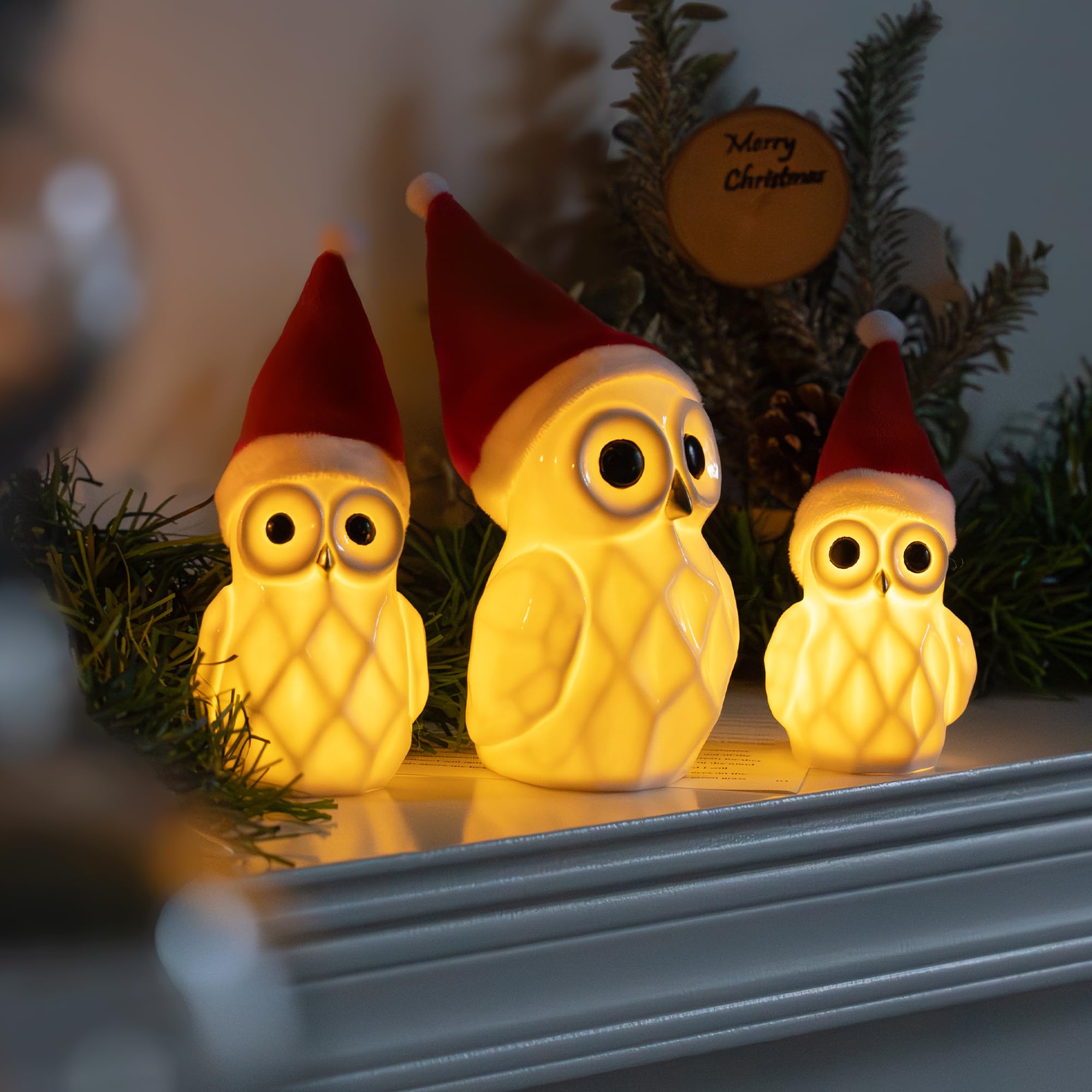Nerosun Christmas Lighted Owl Figurines  3 Pack Ceramic White Light Up Led Owl Family Ornaments Table Centerpiece  Christmas Decorations For Tabletop Mantel Fireplace Cabinet Indoor Xmas Decor Gift