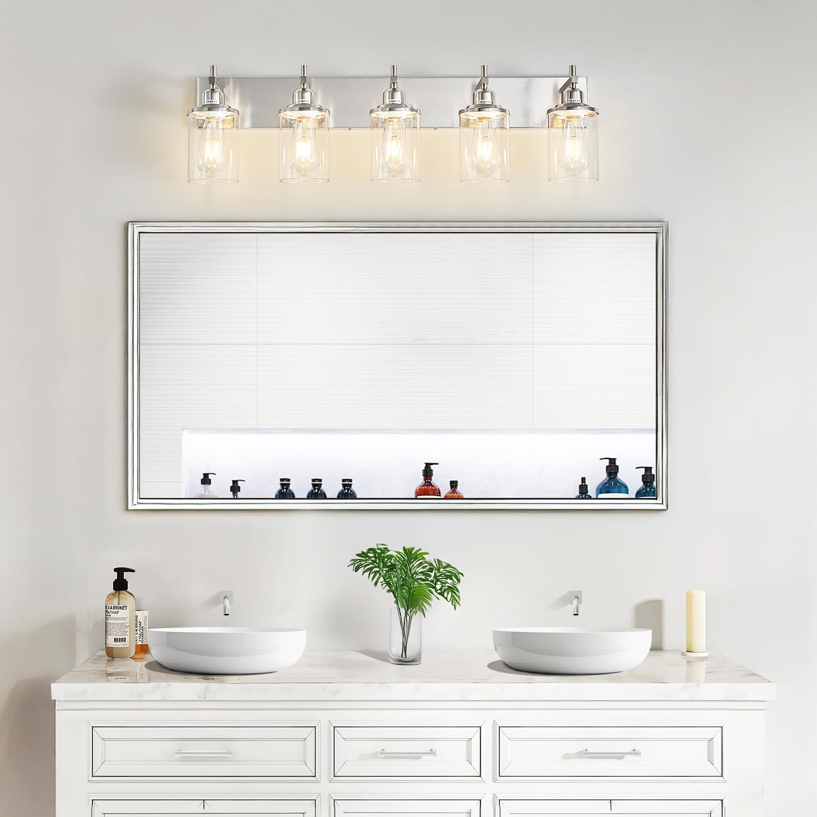 Lanhall 5-Light Brushed Nickel Bathroom Light Fixture Over Mirror Modern Bathroom Vanity Light Vintage Wall Lighting With Clear
