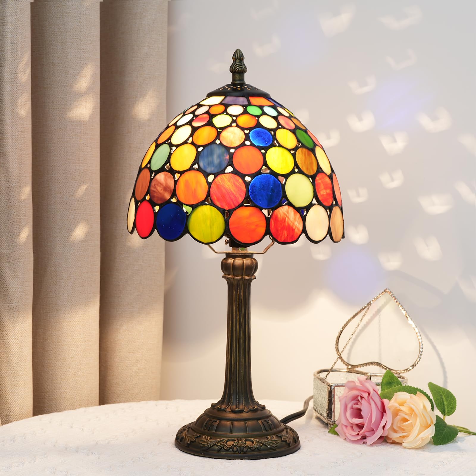 TIFLRIS Tiffany Stained Glass Small Table lamp Cute and Unique Colored dot Pattern Bedside Table Bedroom Kitchen Counter Decorat