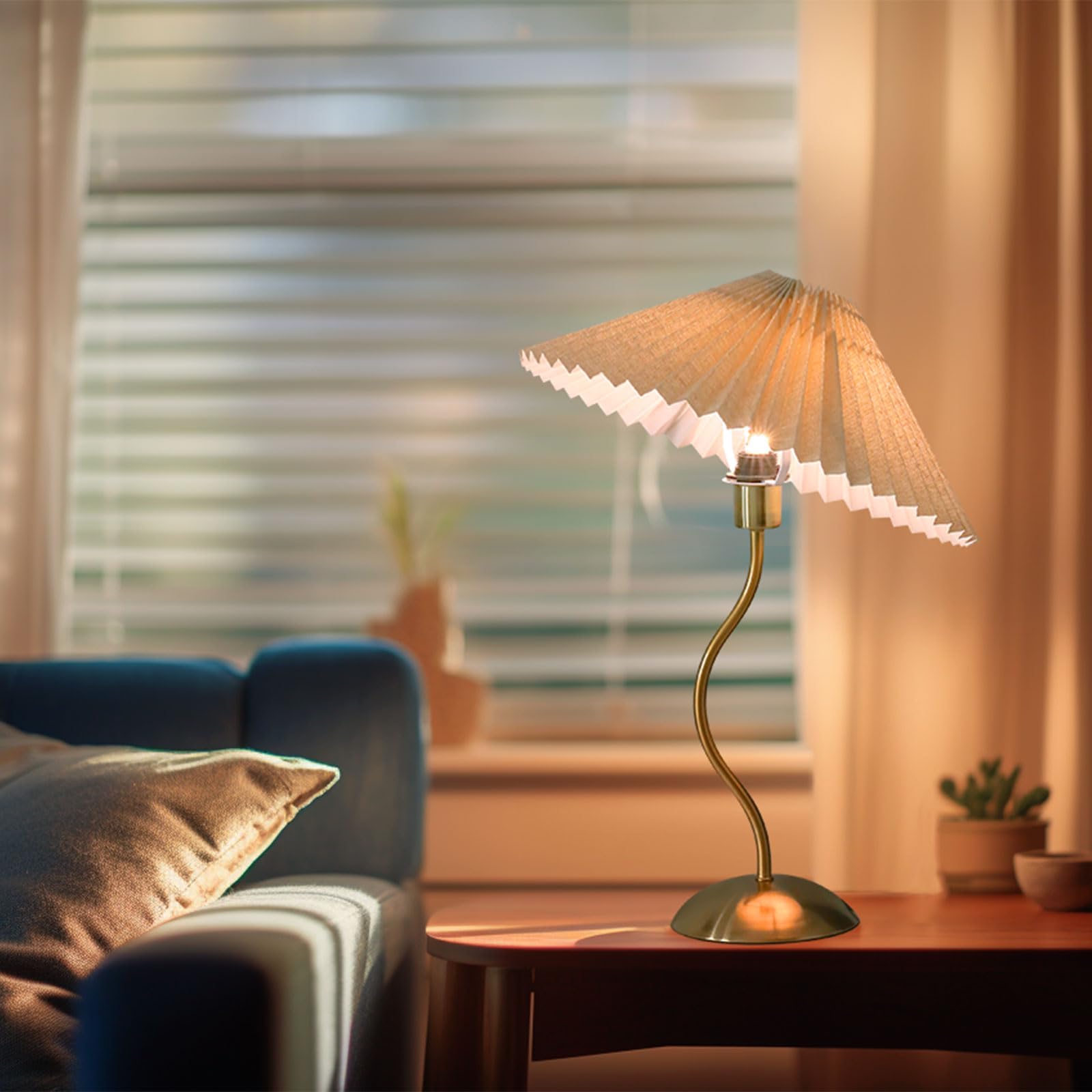 KUNJOULAM Small Pleated Table Lamp, Beige Lampshade, Copper Metal, E12 Bulb, Model TL056, Ideal for Bedroom & Home Office Decor