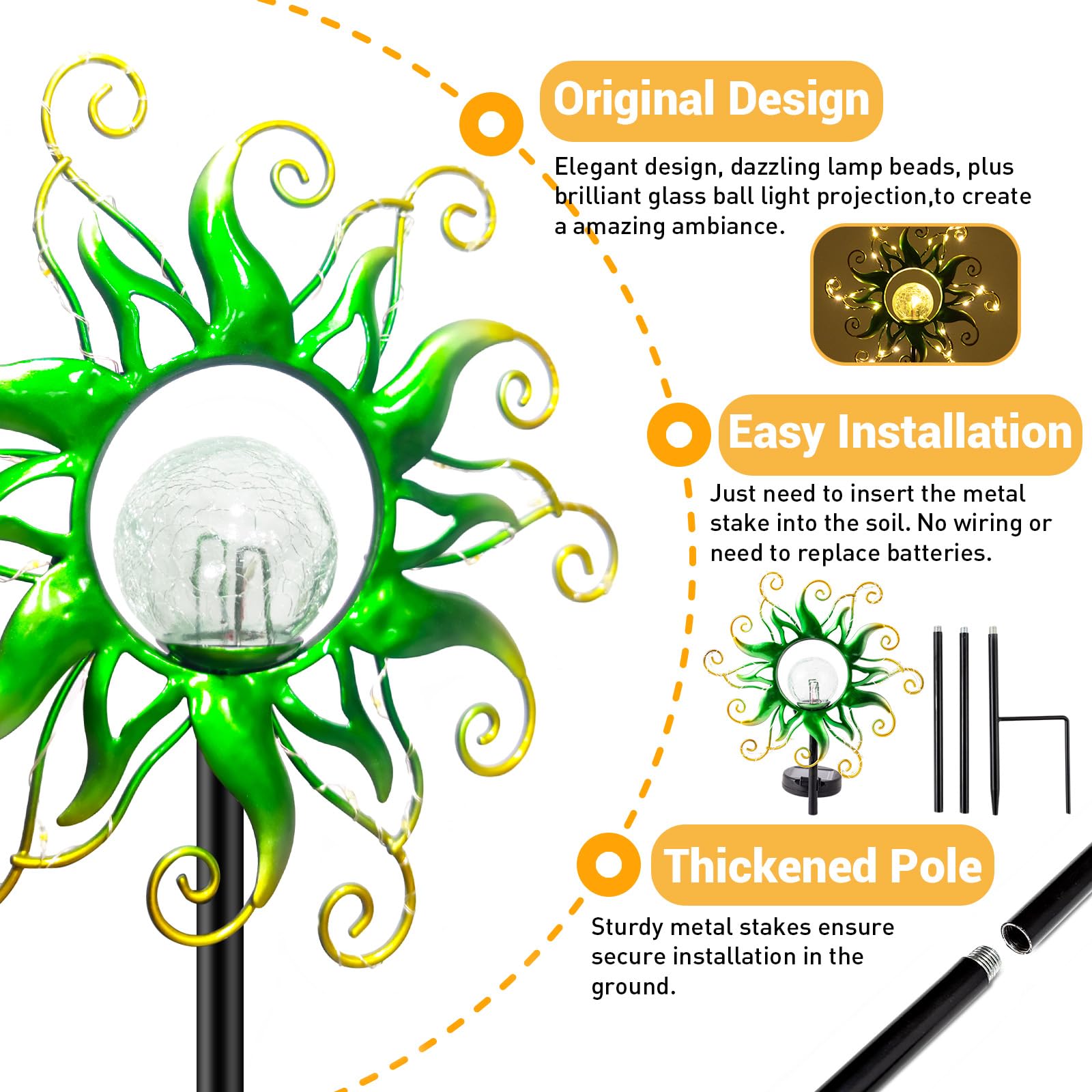 Solar Garden Lights Outdoor, Green Metal Sun Stake With 30 Led Waterproof Vine String Crackle Glass Spring Decor For Patio,Yardr