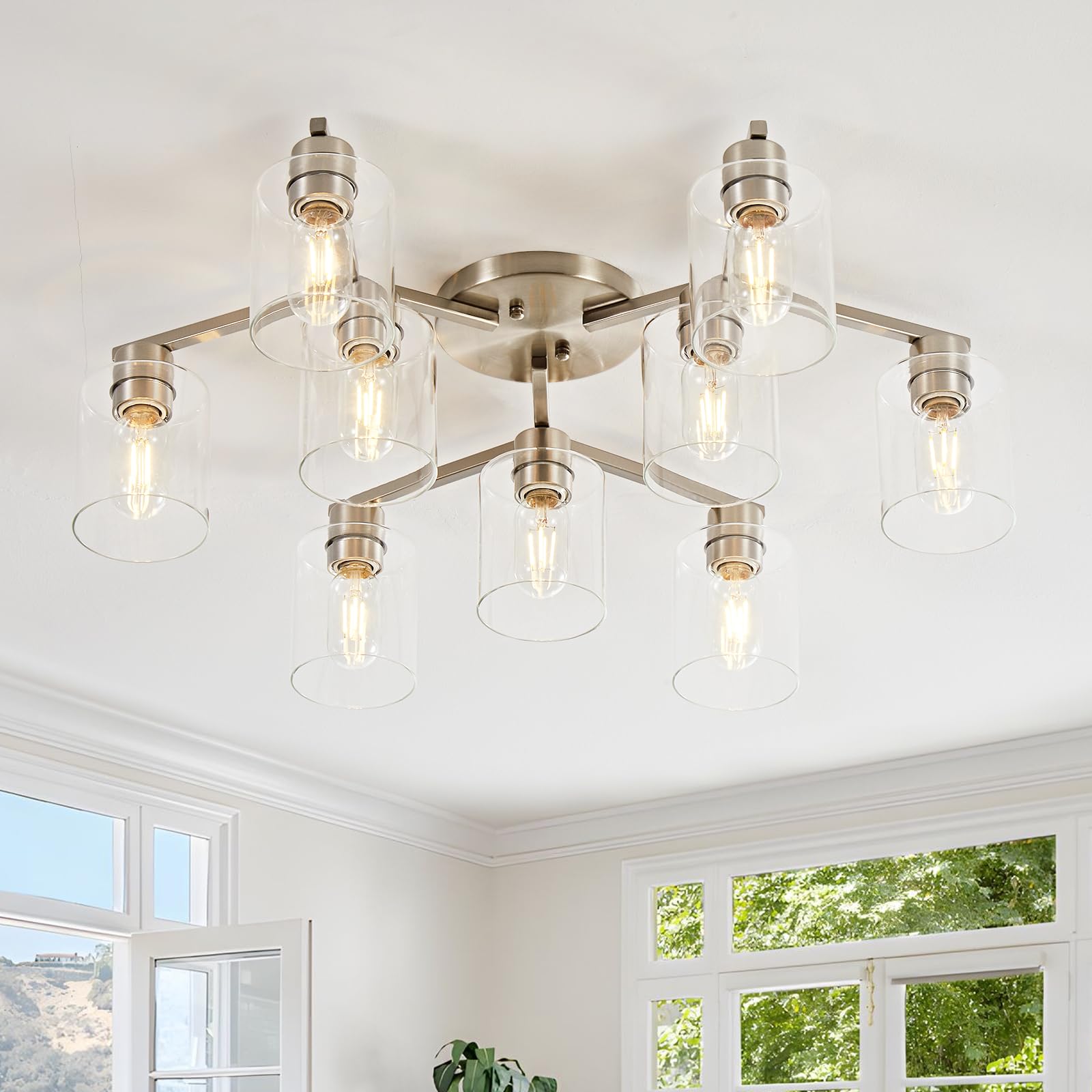Diduio Brushed Nickel 9 Light Dining Room Ceiling Light Fixture Large Semi Flush Mount Ceiling Light Fixture Kitchen Lighting Fixtures Ceiling Light For Living Room With Clear Glass Shades