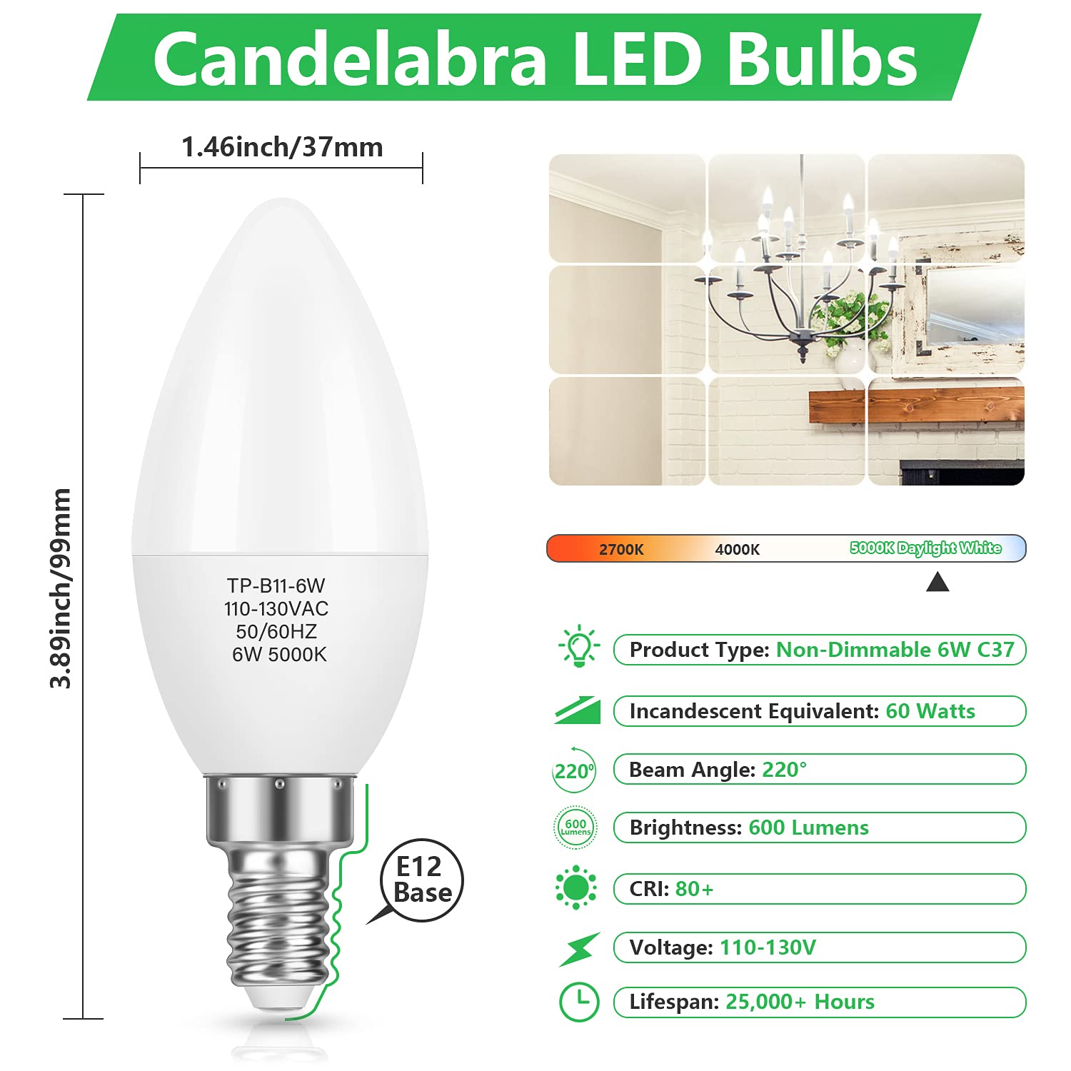 MAXvolador E12 Candelabra LED Bulbs 60W Equivalent, Daylight White 5000K, Pack of 12, Non-Dimmable, B11 Candle Lamp