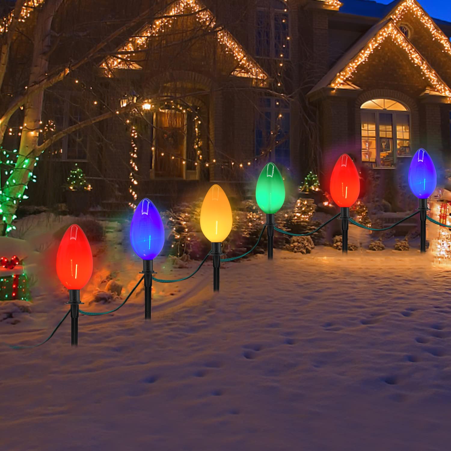 Egcol Jumbo C9 Christmas Pathway Lights Outdoor, 2 Pack 7Ft C9 Christmas Walkway Lights With 4 Led Jumbo Multicolor Bulbs, Chris