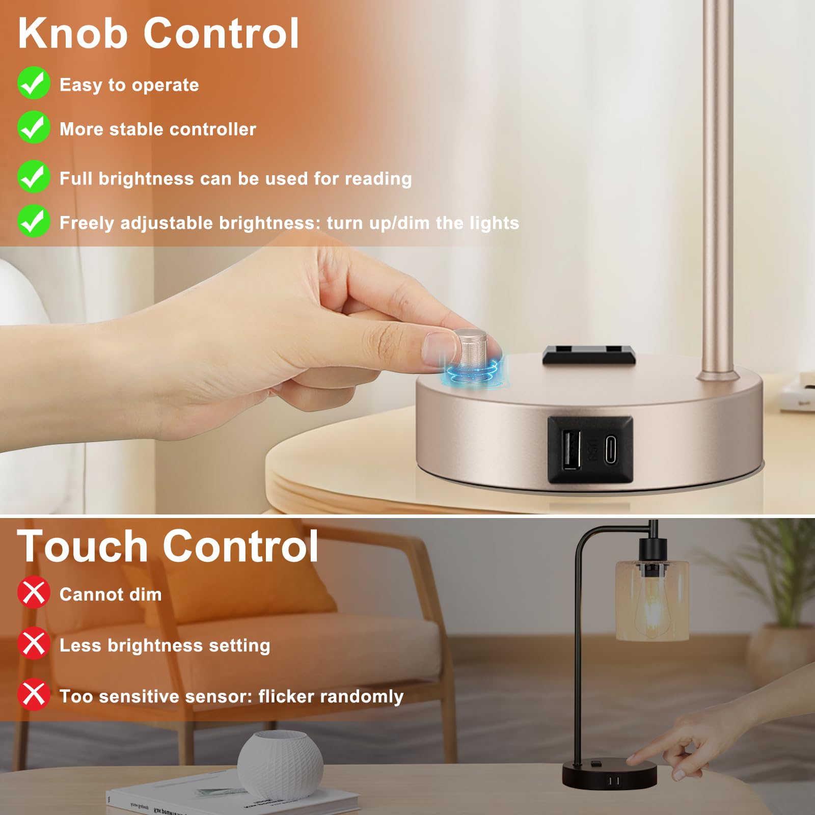 Industrial Table Lamps For Bedrooms Set Of 2 - Fully Dimmable Bedside Lamps With Usb Ports And Outlet, Champagne Gold Nightstand