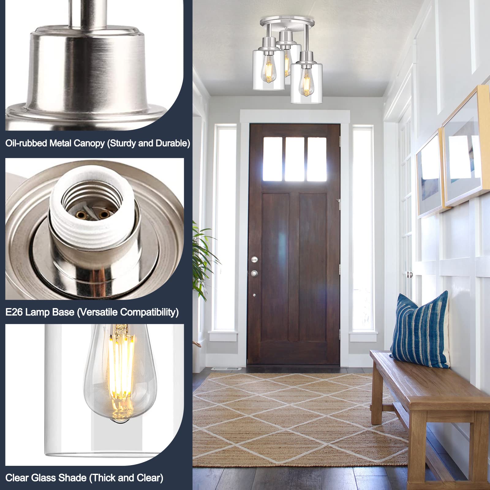 ROTTOGOON Semi Flush Mount Ceiling Light, Brushed Nickel, 3-Light Fixture with Clear Glass Shades, Modern Design for Kitchen and Hallway