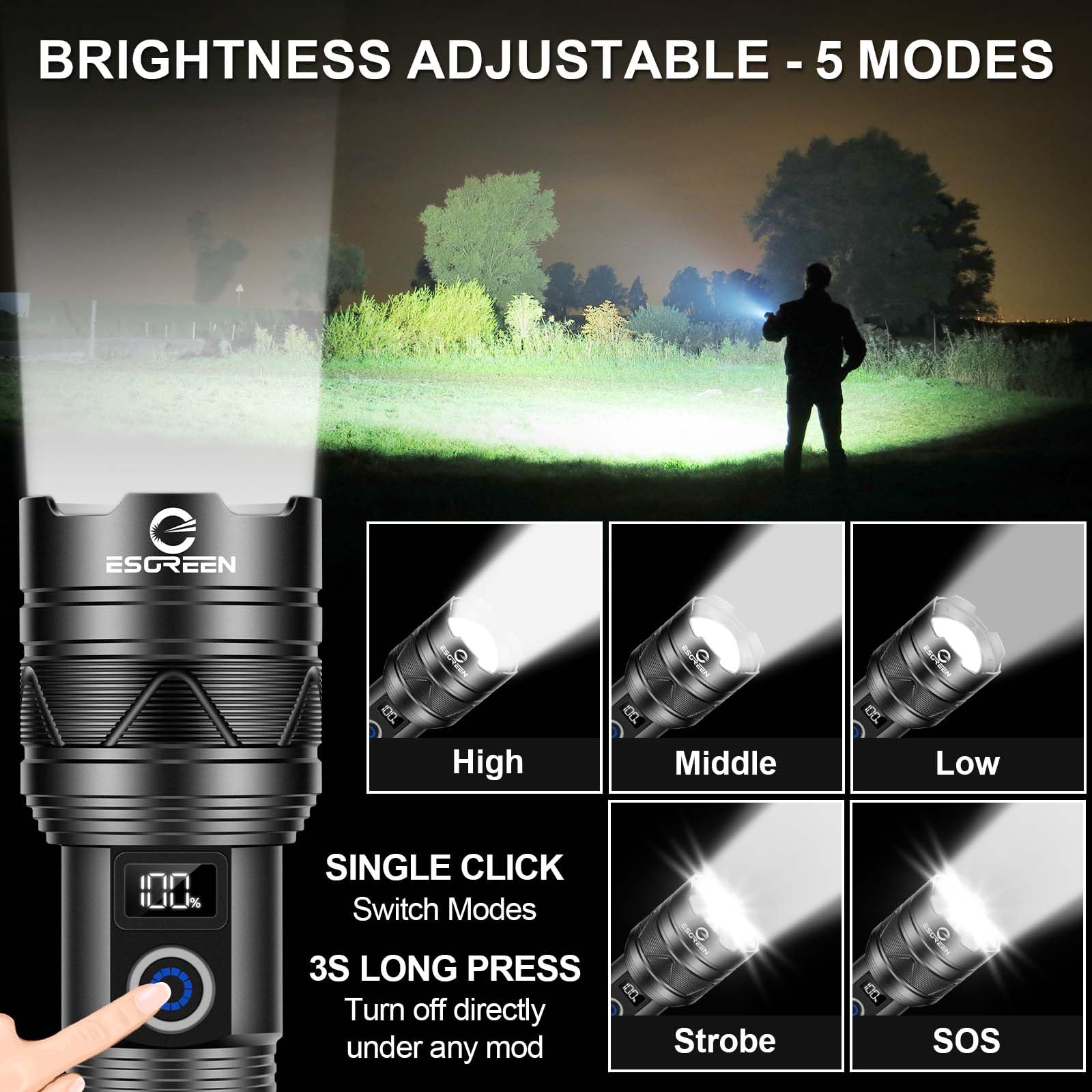 Esgreen Rechargeable Flashlight 2000 Lumens, 5000ft Range, Heavy Duty Aluminum, Model ED0330, USB-C LED for Emergency & Camping