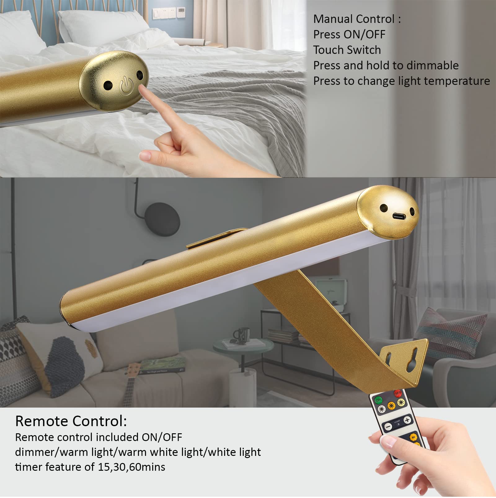 MIOBLUE Rechargeable Metal Picture Light, 13" Gold LED Lamp with Remote, Dimmable, 3 Lighting Modes, Model 33G