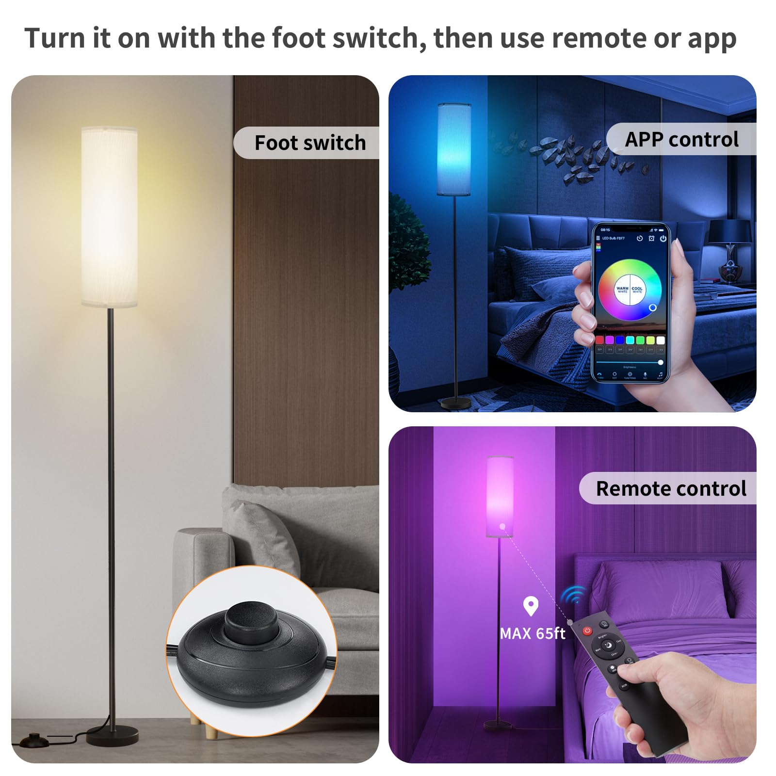 FRIDEKO Floor Lamp - Dimmable RGB Colors & Brightness, Tall Design, White Lampshade, Model FD02, Ideal for Living Room & Office