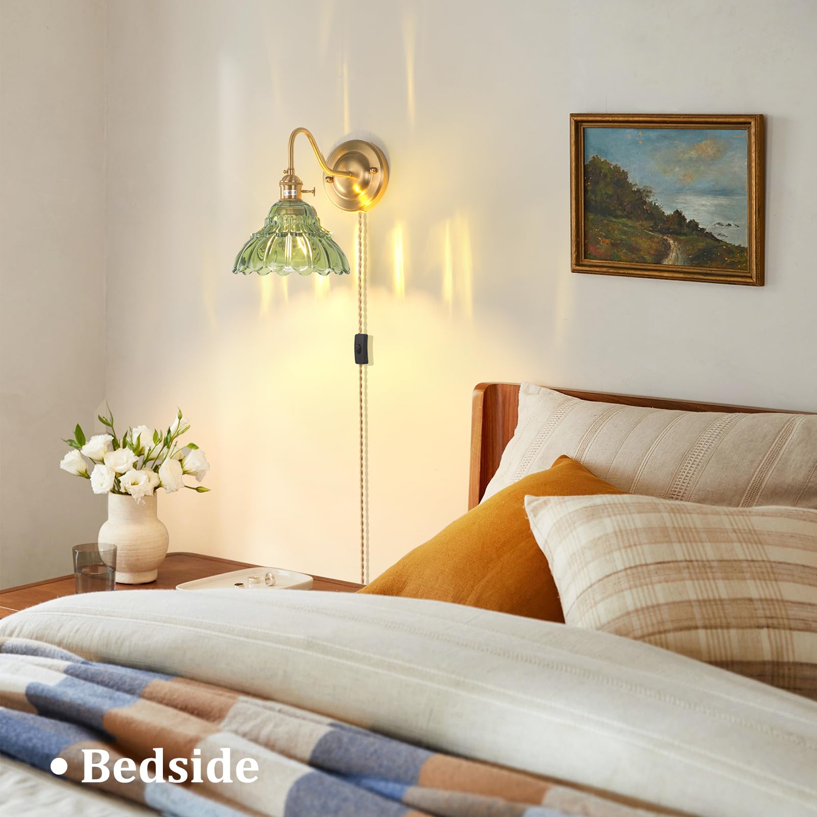Shenmoyl Wall Sconce Set of 2, Gold Vintage Indoor Lamp, Green Lily Glass Shade, 2 Light Plug in, Model 1-93730-wlampp