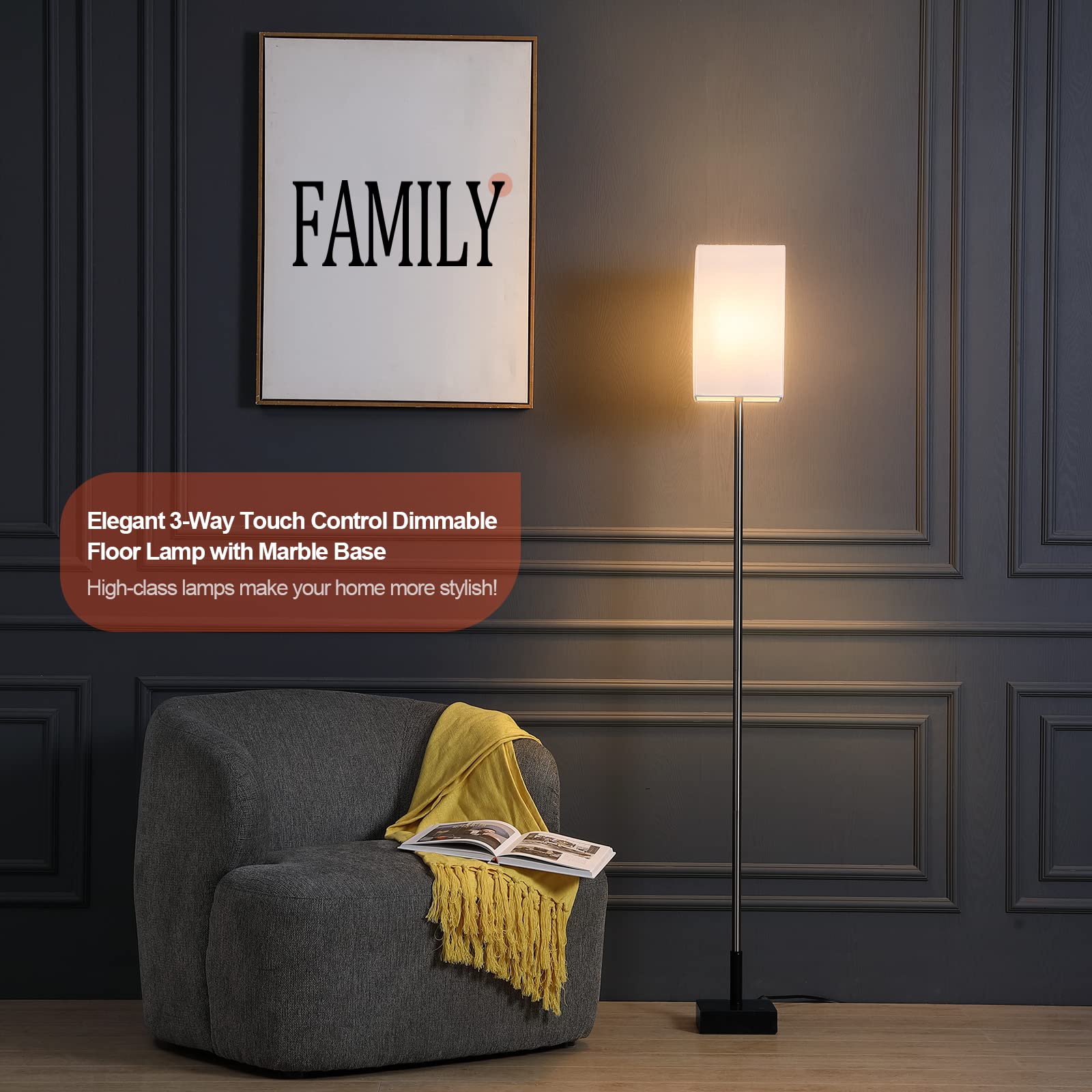 FIGDIFOR Floor Lamp - 3-Way Touch Control, Dimmable, Brushed Nickel, Marble Base, Linen Shade, Model FL-211008, LED Bulb Included