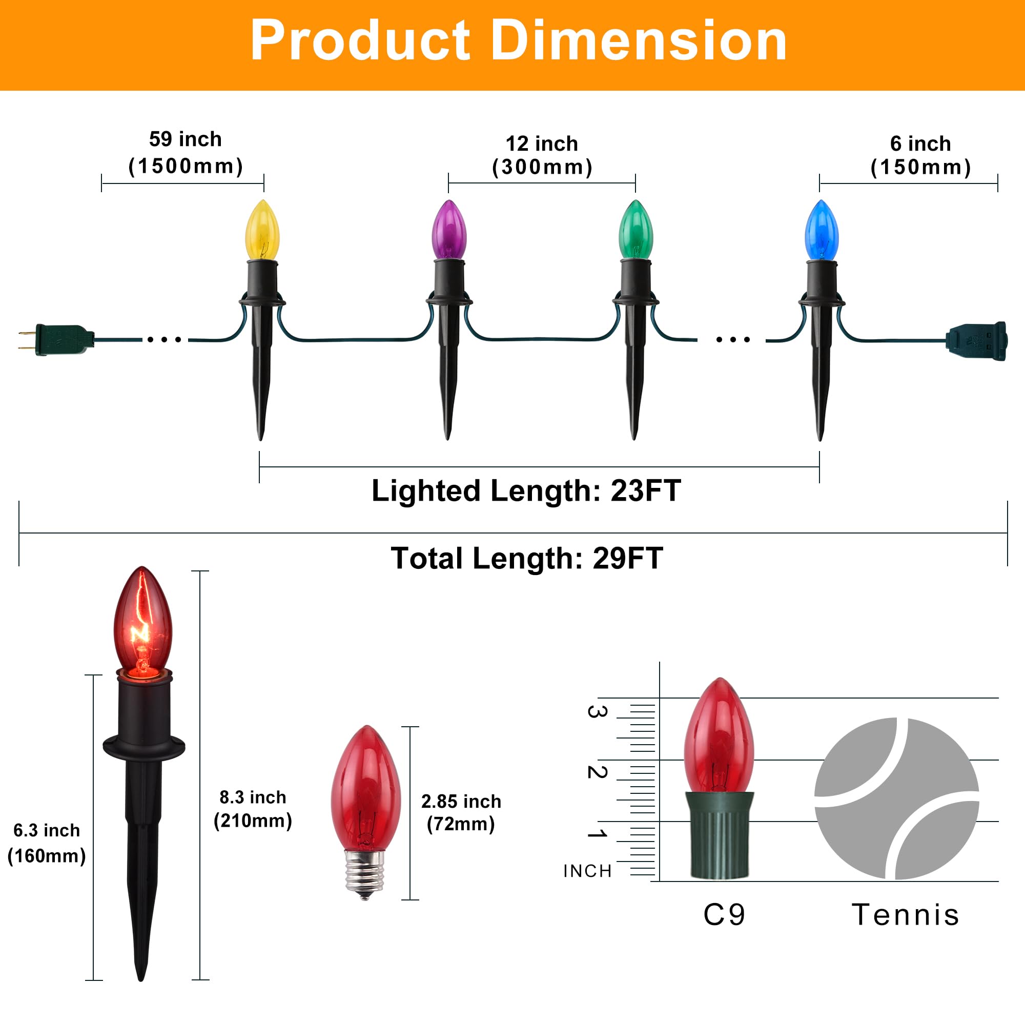 TIORIY C9 Christmas Pathway Lights, 29ft Multicolor Outdoor Decorations, 25 Packs with Stakes, Model BW-C9-A1-7-25