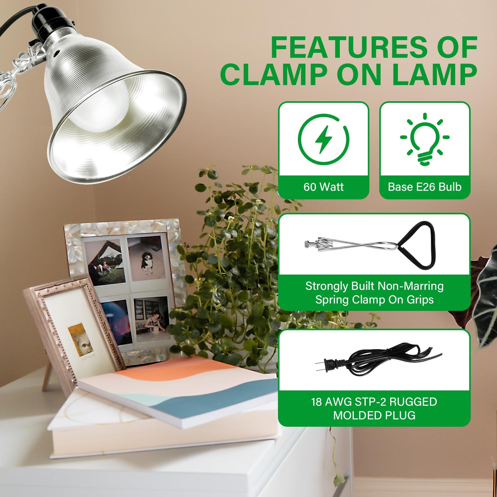 Simple Deluxe Clamp Lamp Light With Detachable 5.5 Inch Aluminum Reflector Up To 60 Watts E26 Socket (No Bulb Included), 6 Feet