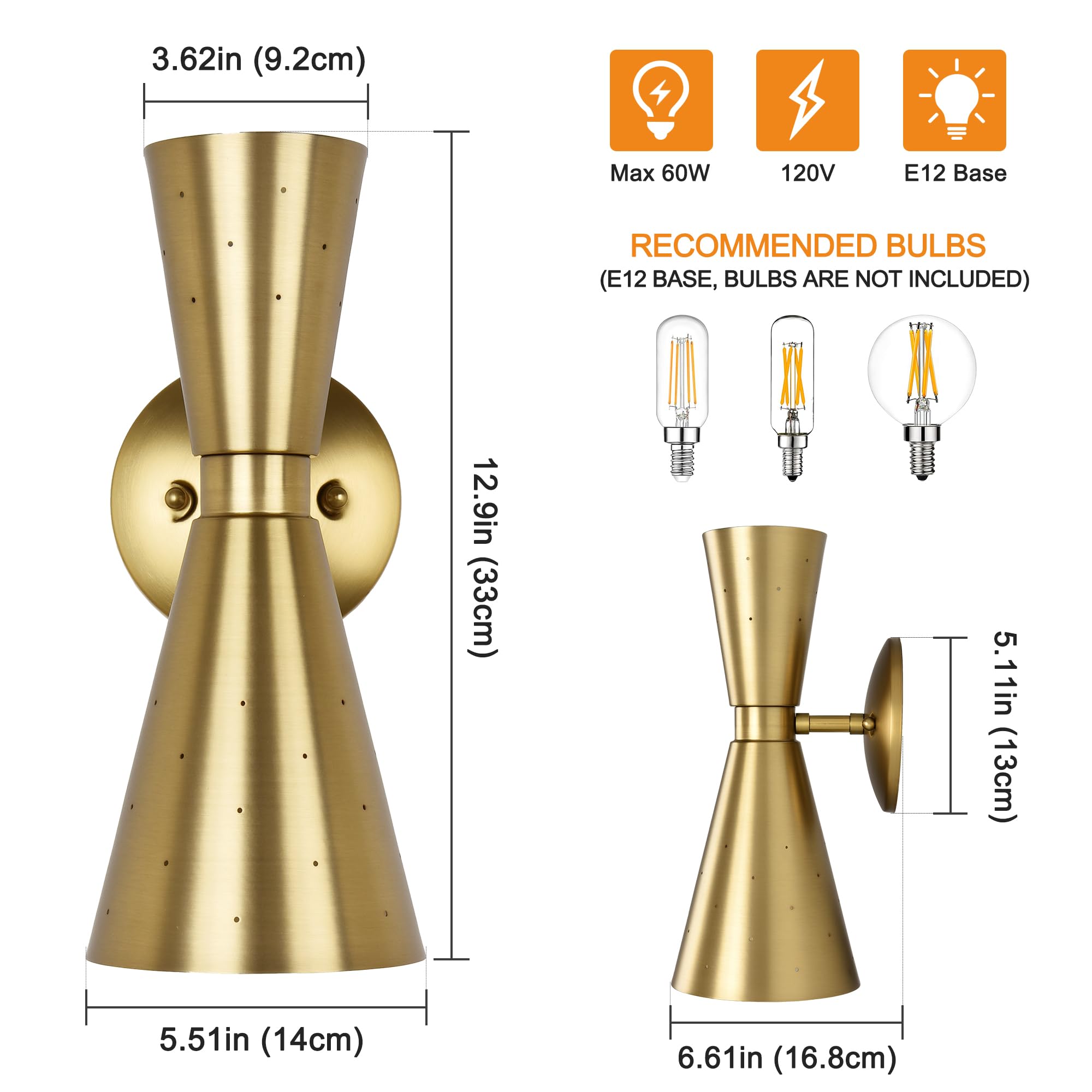 Merbotin Brass Wall Sconce, Mid Century Modern, E12 Base, Hardwired, Model BG800219-2G-UL