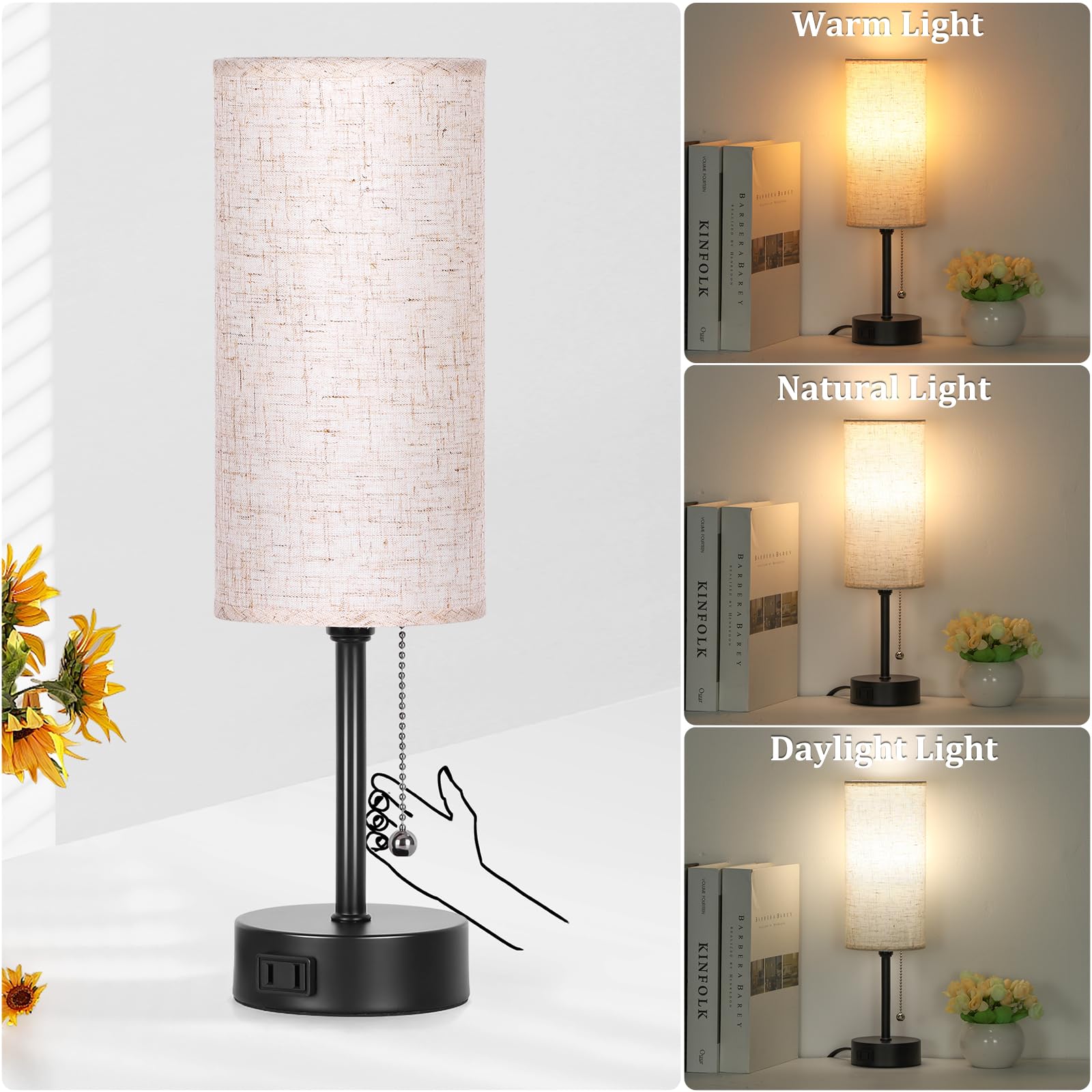 Dott Arts 15'' Table Lamp For Bedroom, 3-Color Bedside Lamps With Pull Chain, Bedroom Table Lamps For Nightstand,Ac Outlet Small