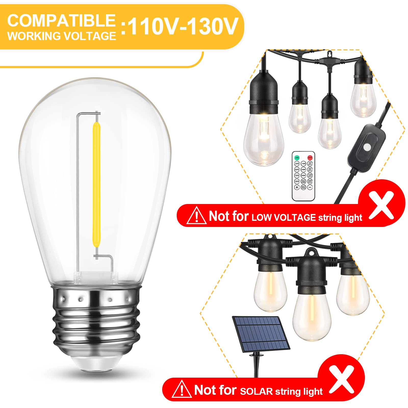 Mlambert Led String Light Bulbs, Shatterproof Outdoor String S14 Replacement Light Bulbs 4000K, Waterproof 1W Led Edison Bulbs Equal To 11W,Not Solar