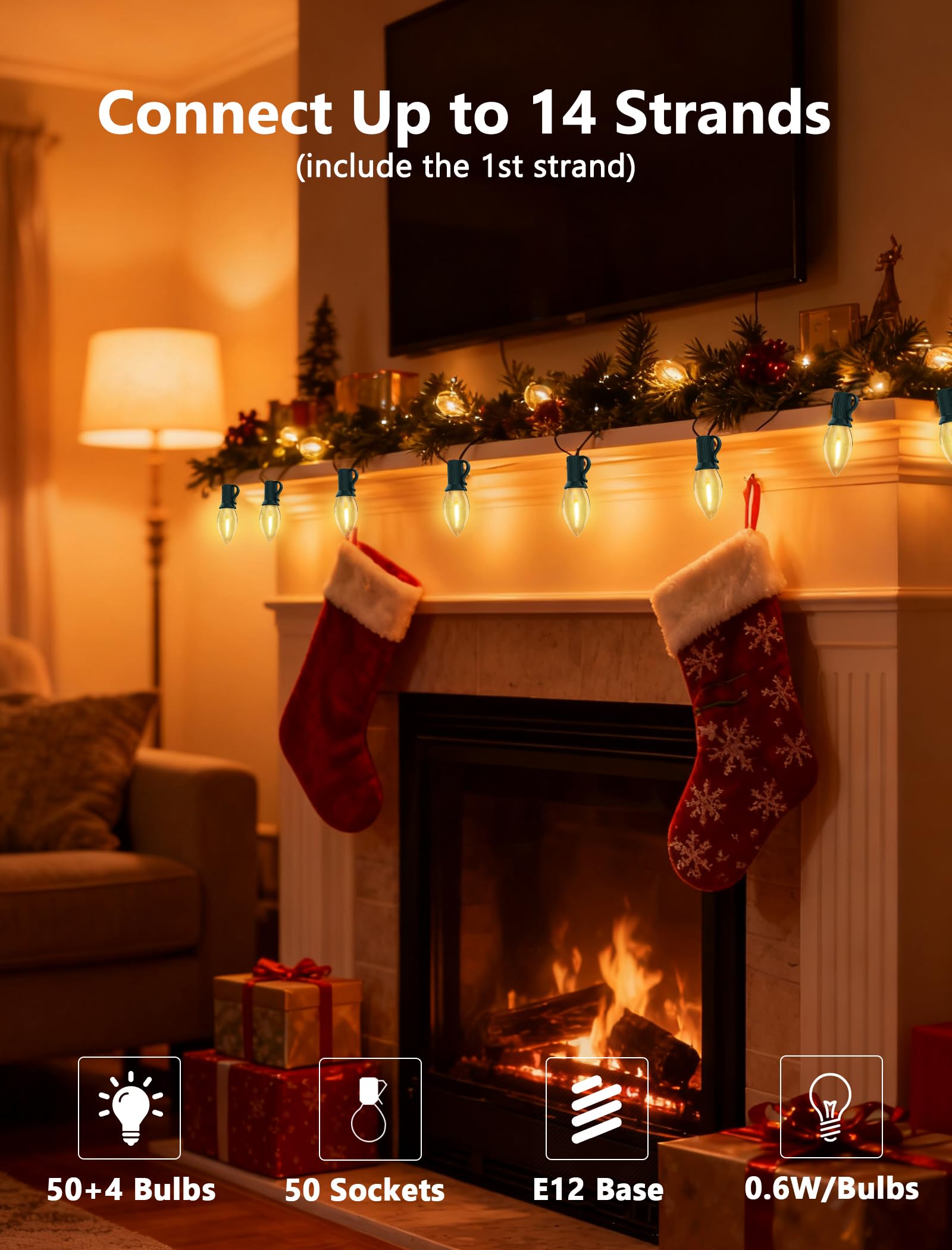 Xingzd 50Ft Led Christmas Outdoor String Lights  C7 String Lights With 50 0.6W Clear Warm White Bulbs  Vintage Christmas Lights For Holiday Xmas Tree Party Backyard Wedding Garden Patio Porch Decor