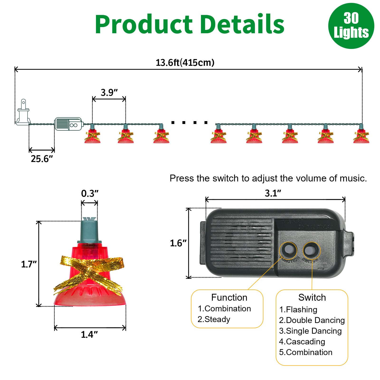 LAMPHOME Christmas Musical Bell String Lights, 30 Lights, Red Incandescent Bulbs, 200LED, 25 Songs, Green Wire, Model L8770
