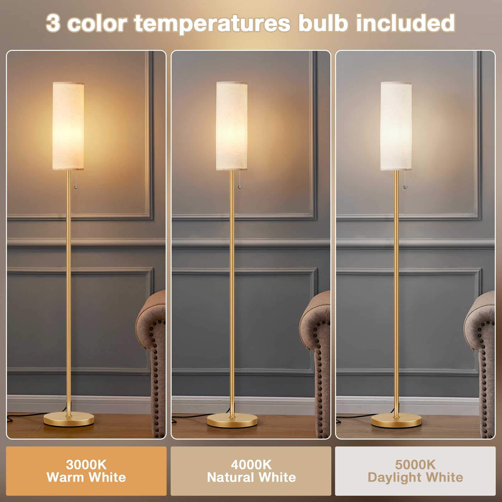 Ambimall Floor Lamp for Living Room with 3 Color Temperatures Bulb, 64 Standing lamp with Linen lampshade for Bedroom, Minimalis