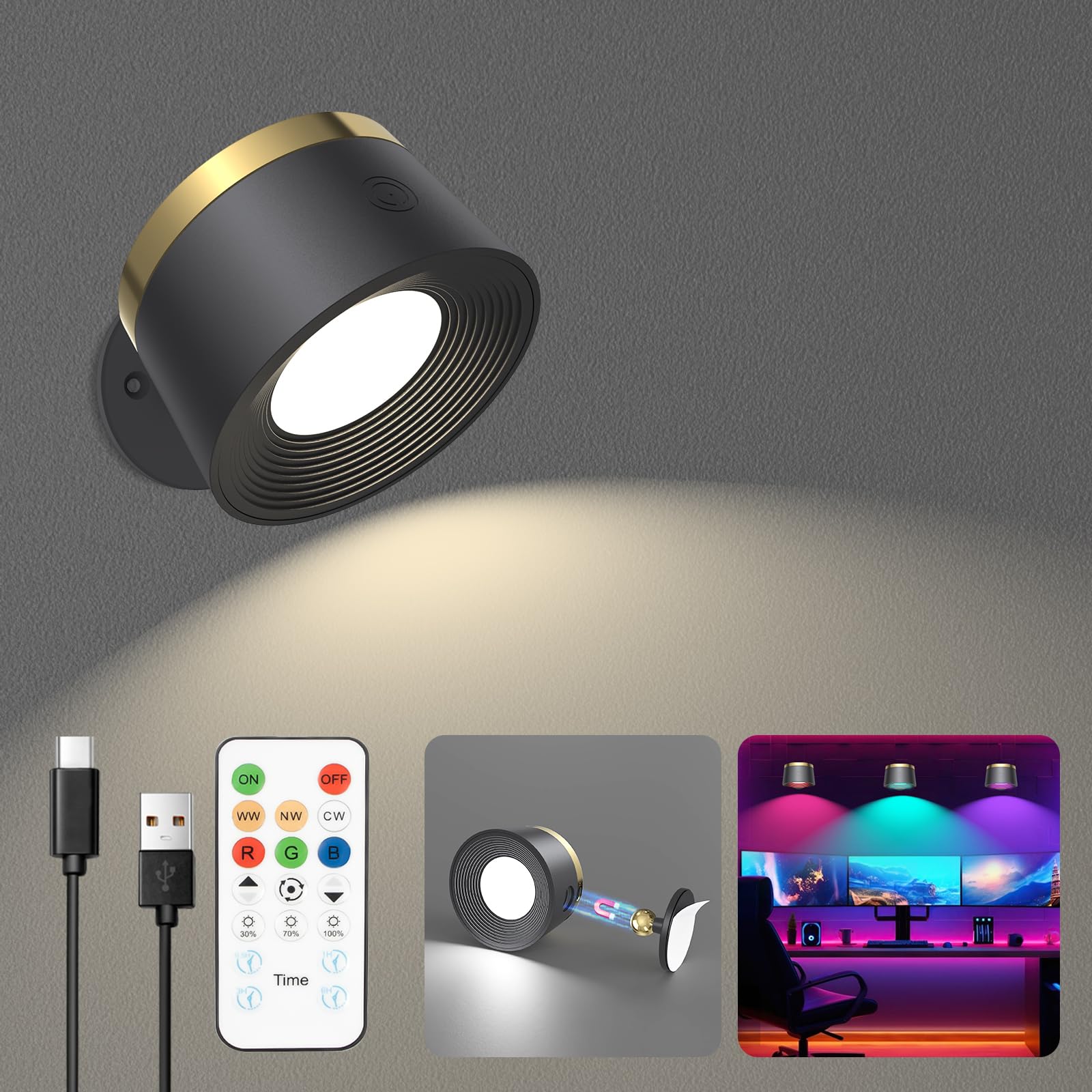 Speclux LED Wall Sconces Set of Two, Rechargeable, Remote, 3 Color Temperatures, Dimmable, Black, Model BS-WL005C-1