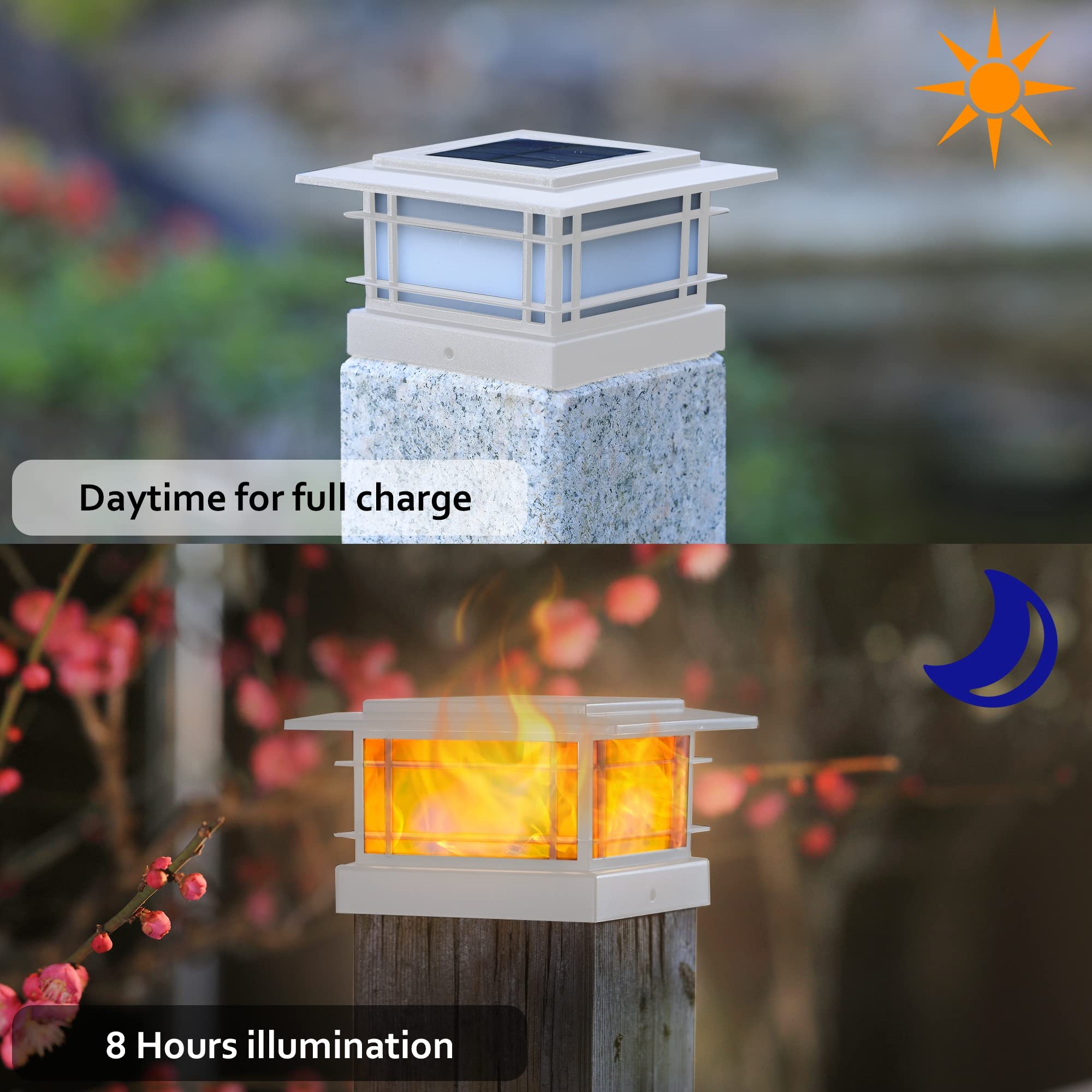 Dynaming 6 Pack Solar Flame Post Lights Outdoor, Solar Powered Fence Post White Shell Cap Light, High Brightness Flickering Flame Led Livinyl/Wooden Postseck Patio, Fit 4X4 5X5 6X6 Vinyl/Wooden Posts