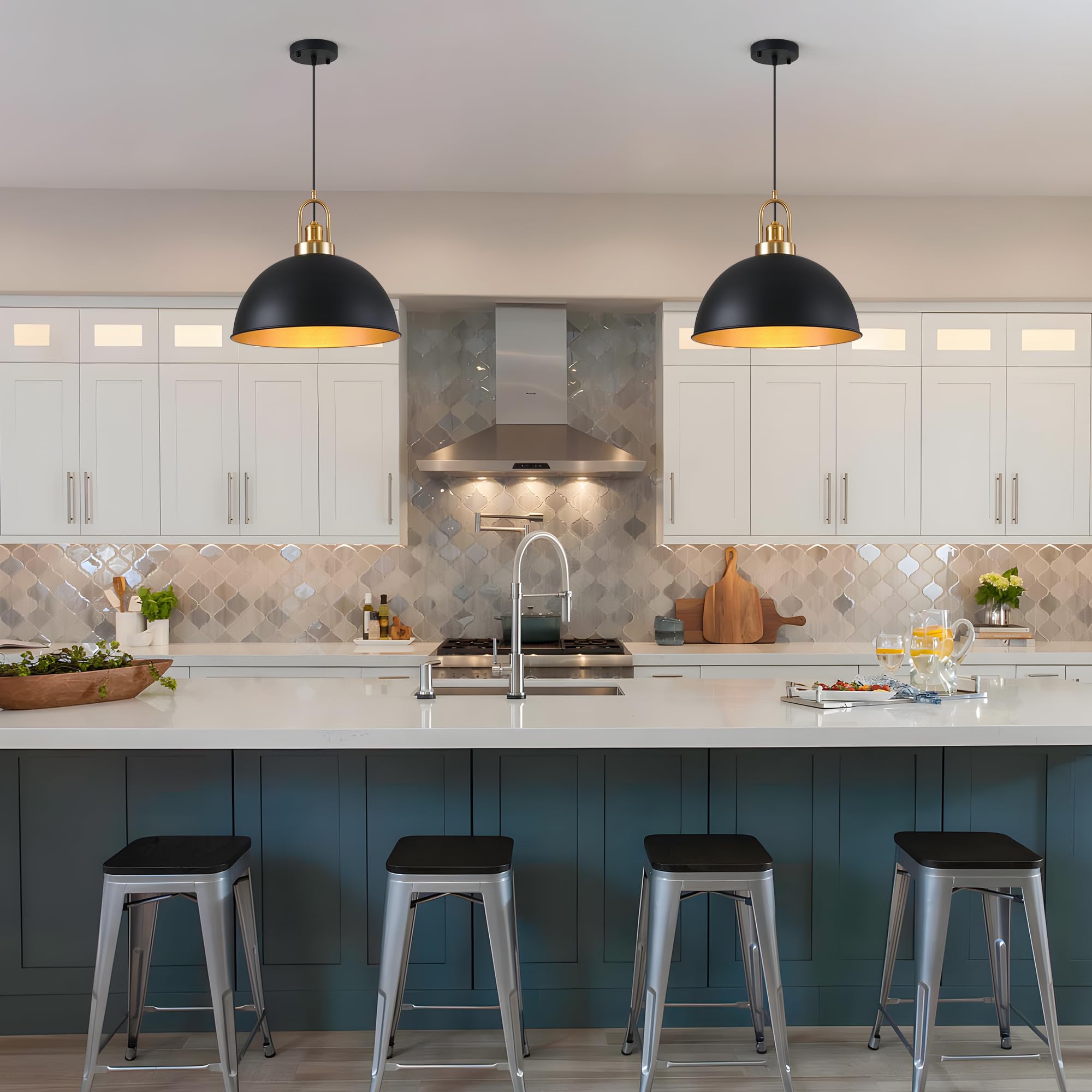 Febeleven Industrial Black Large Pendant Light 15.74'' Matte Finish Metal Light Fixture Farmhouse Hanging Light For Kitchen Isla