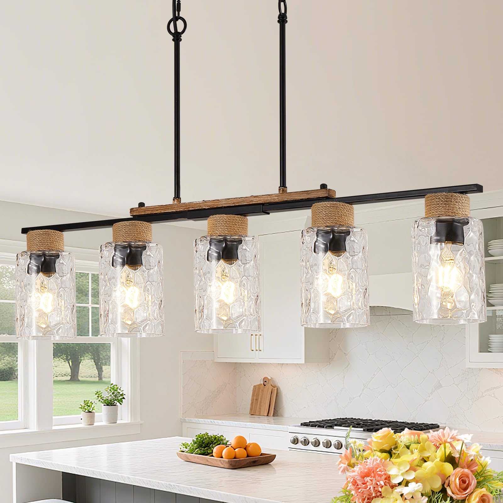 UnicozoHome Dining Room Chandelier, 5-Light Metal Pendant Light, Matte Black, Clear Glass Shade, 33.5in Rustic Farmhouse Design