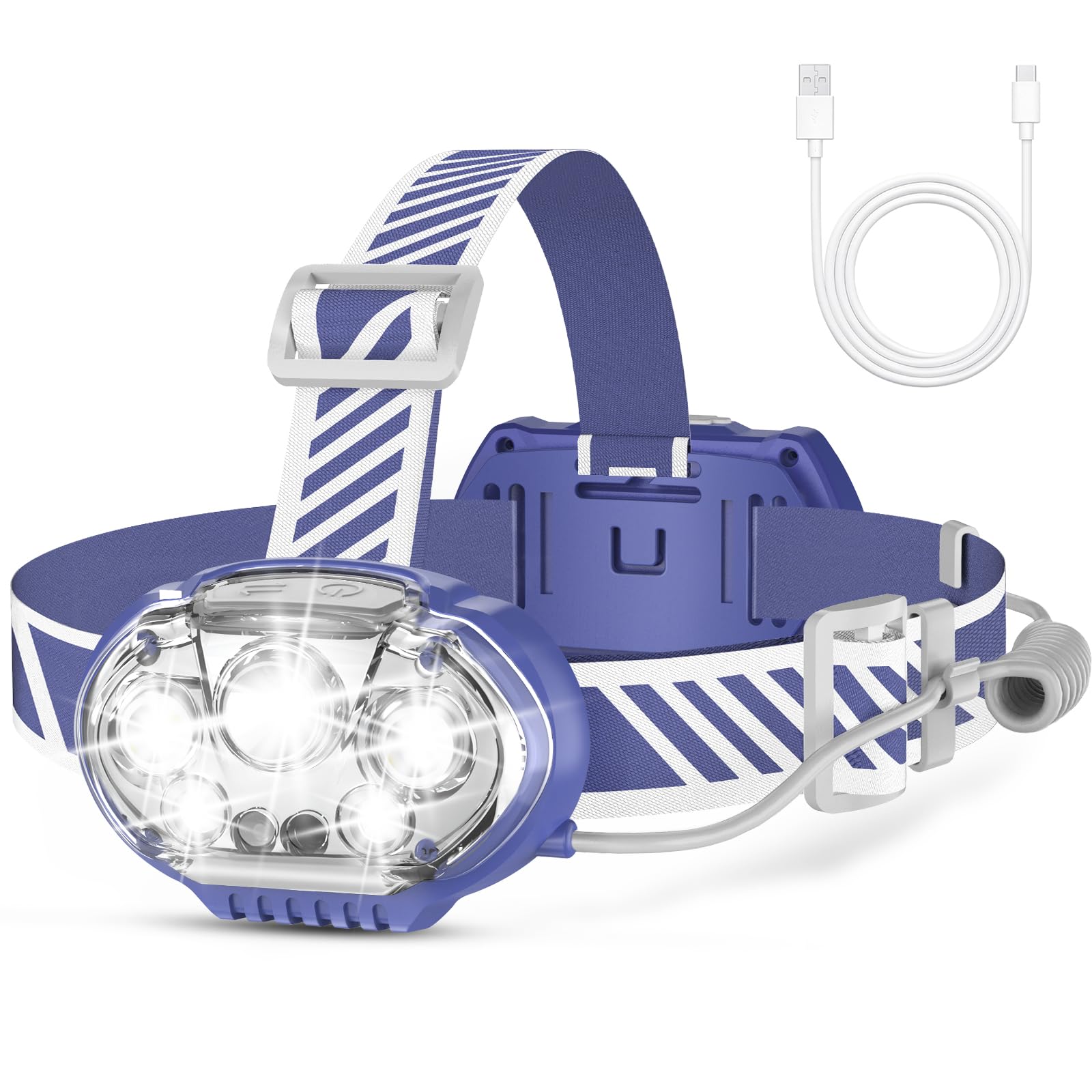 MIOISY Rechargeable Headlamp, High Lumen Bright 5 LED Head Lamp with Red White Light,IPX4 Waterproof Headlight,8 Mode Head Flash