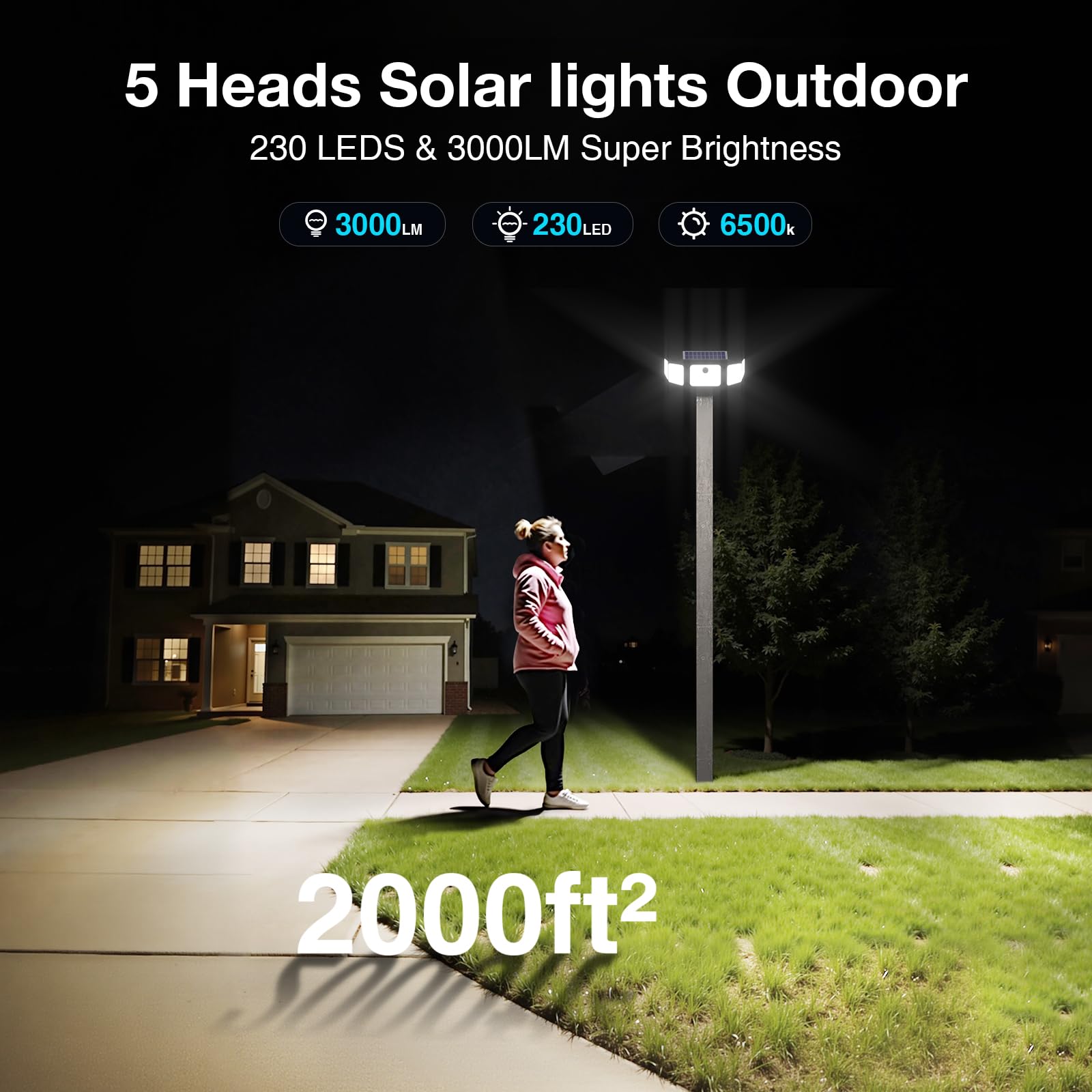 SZPOWER Solar Flood Lights Outdoor 6000LM, 230 LED, 5 Heads, Motion Sensor, Waterproof, Remote Control, Black, Model SZC10A5-TY, 2 Pack