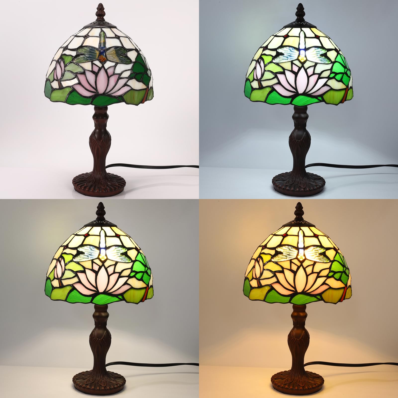 Tuomoxte Tiffany Style Table Lamp, 8 Inch Small Antique Lamp, Stained Glass Lamp, Dragonfly And Flower Pattern, For Bedside Nigh