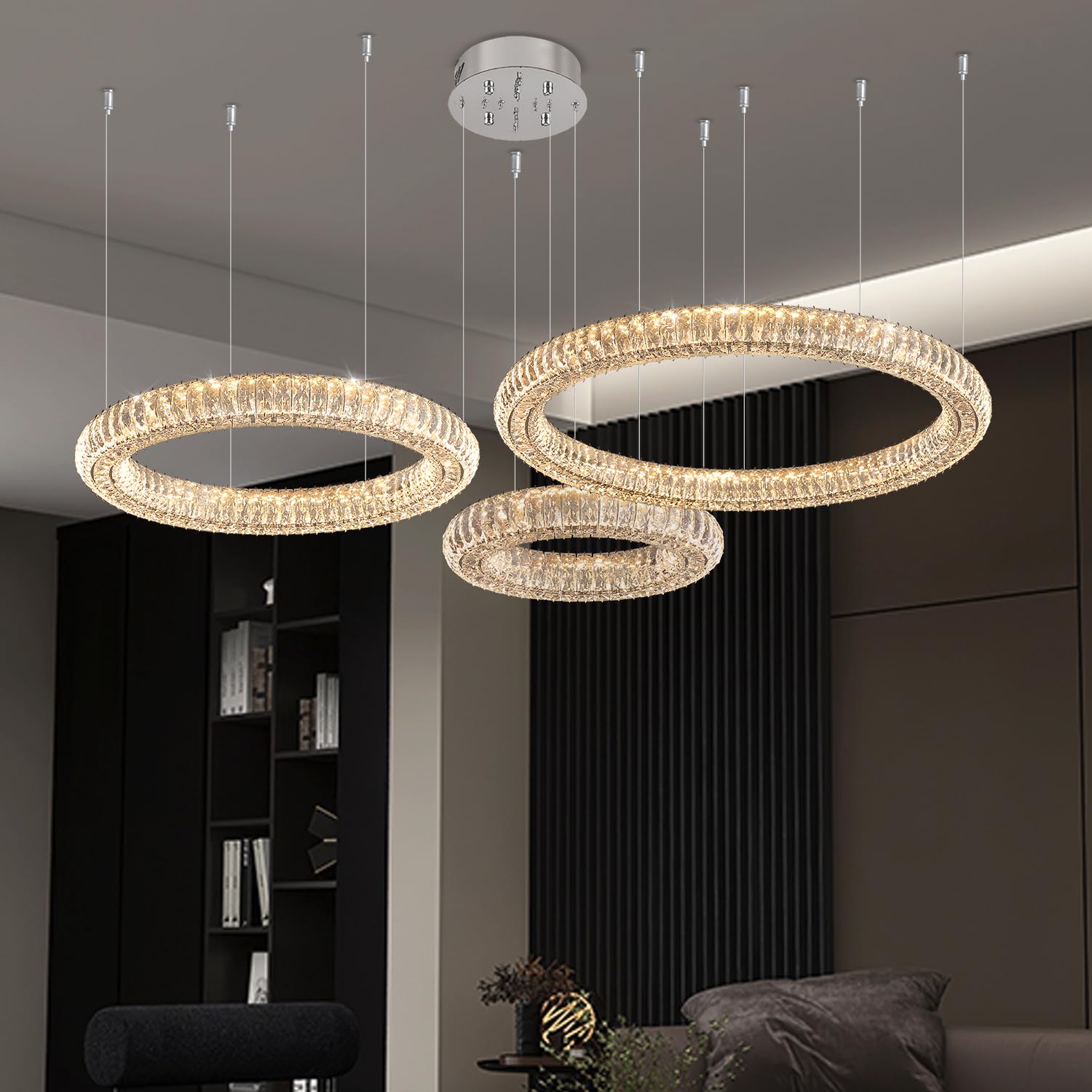 Idequy Modern Crystal Chandelier Dimmable Led 39.4'' Ring Pendant Light Adjustable Black Round Crystal Chandelier Light Fixtures
