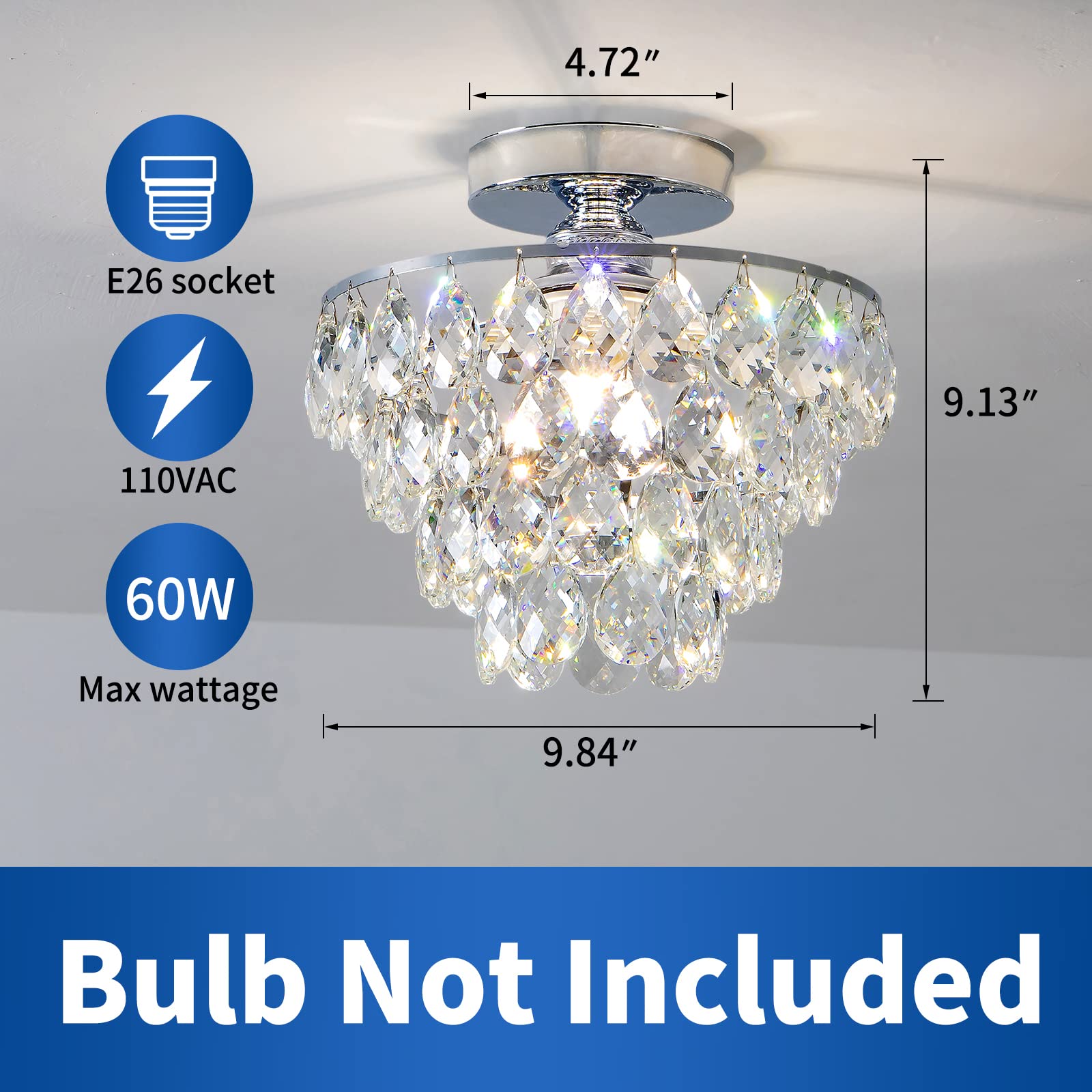 Cm Mzy Mini Crystal Chandelier Ceiling Light, Chrome Flush Mount For Bedroom, Bathroom, Kitchen