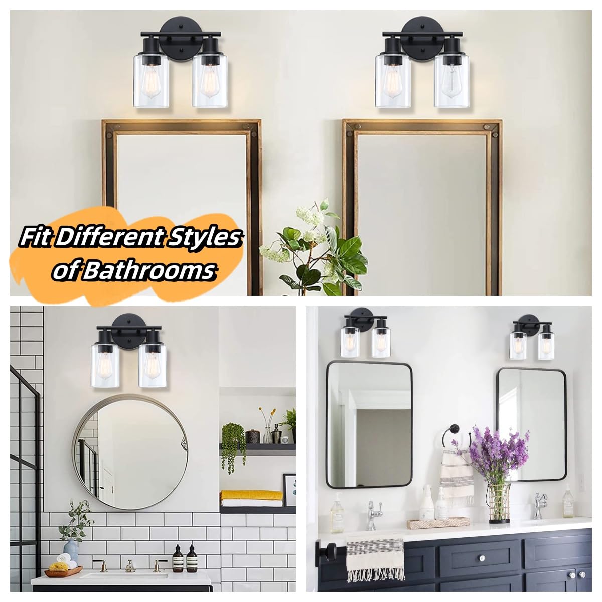 WISBEAM 2-Light Bathroom Vanity Light, Black, Glass Shade, Model WS-VNT003