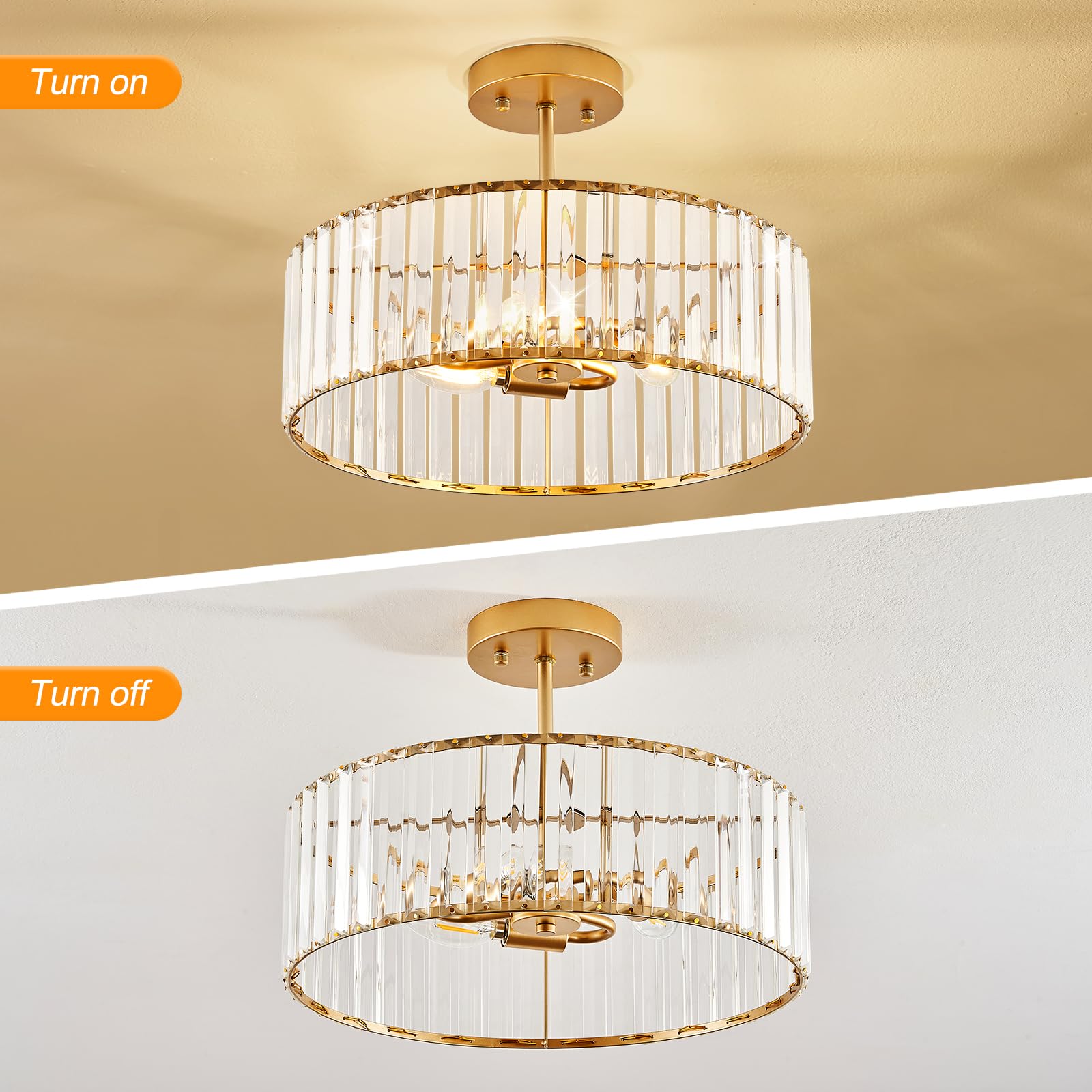 Violoemi Modern Gold Semi Flush Mount Ceiling Light Crystal 3-Light Light Fixture 15.75 Inch Kitchen Ceiling Lighting For Living Room Bedroom Dining Room Bathroom Entryway (Bulb Not Included)