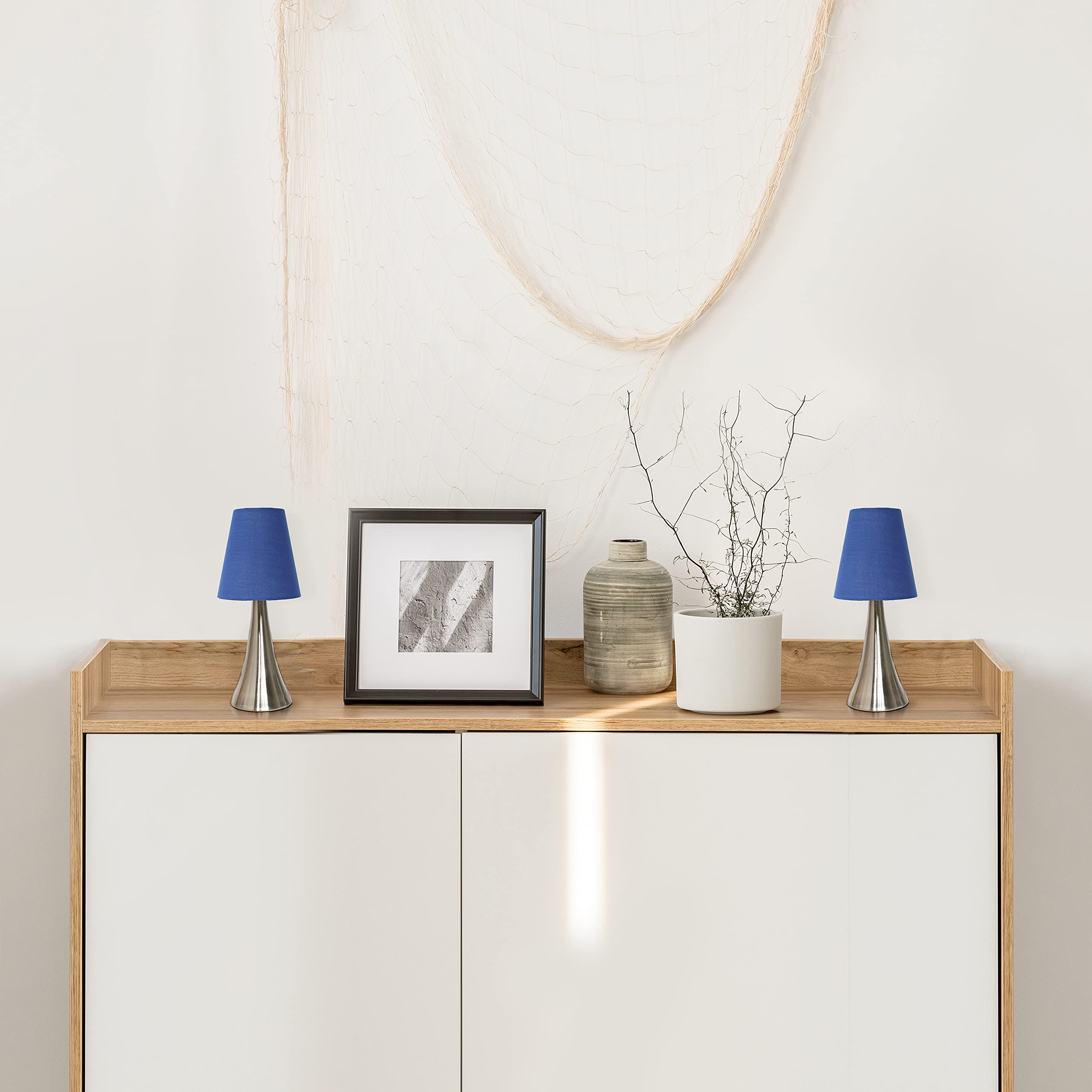 Simple Designs Mini Touch Table Lamp Set, Brushed Nickel Base with Blue Shades, 4.92x4.92x11.42, Model LT2014-BLU-2PK, 2