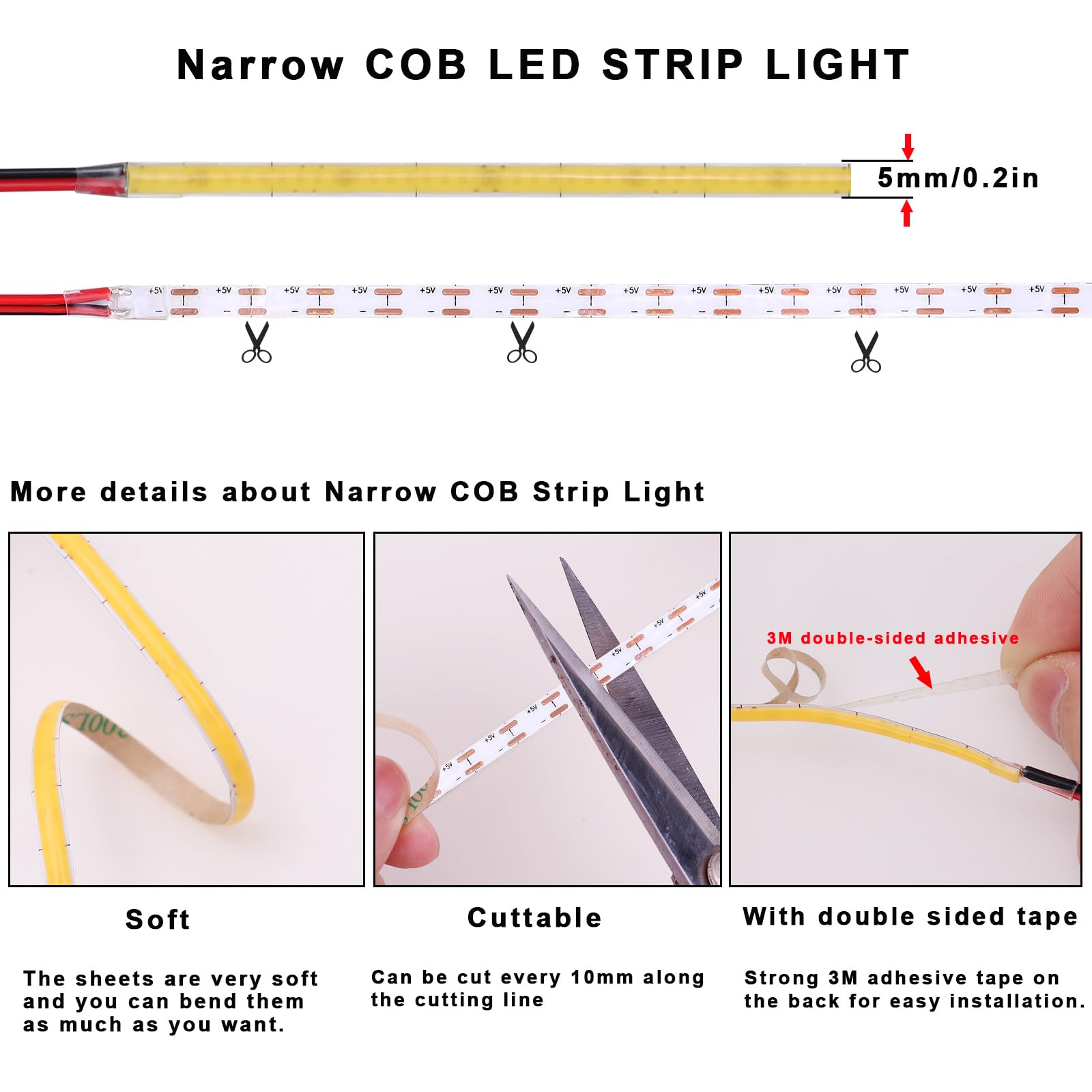 Topai 5V Cob Led Strip Narrow 5Mm Width Natural White 4000K Cri 90+ Dotless 16.4Ft 400Leds/M High Density Cuttable Flexible Led Tape Light For Cabinet Home Diy Lighting Projects